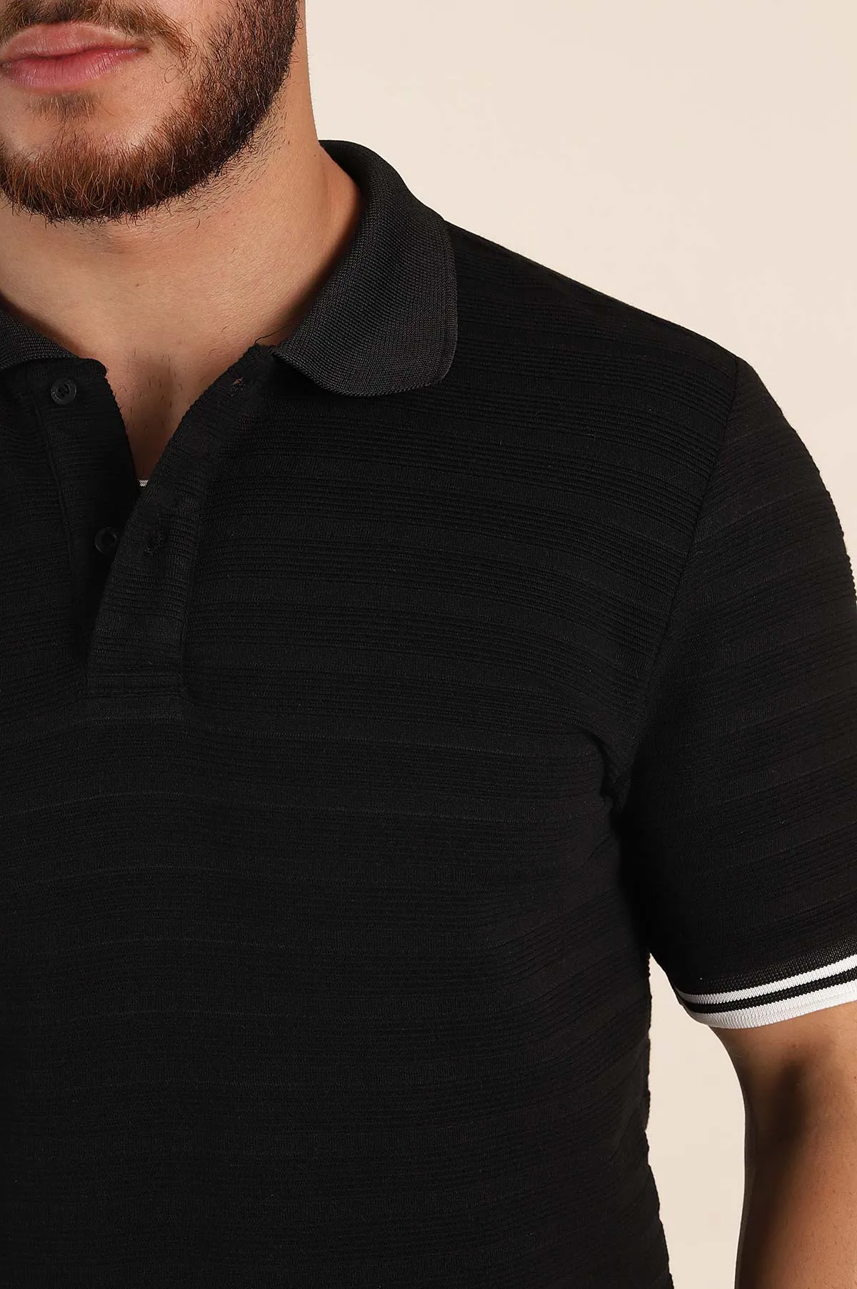 Siyah Regular Fit Çizgi Dokulu Fermuarlı Polo Yaka Erkek Triko Tişört 370063
