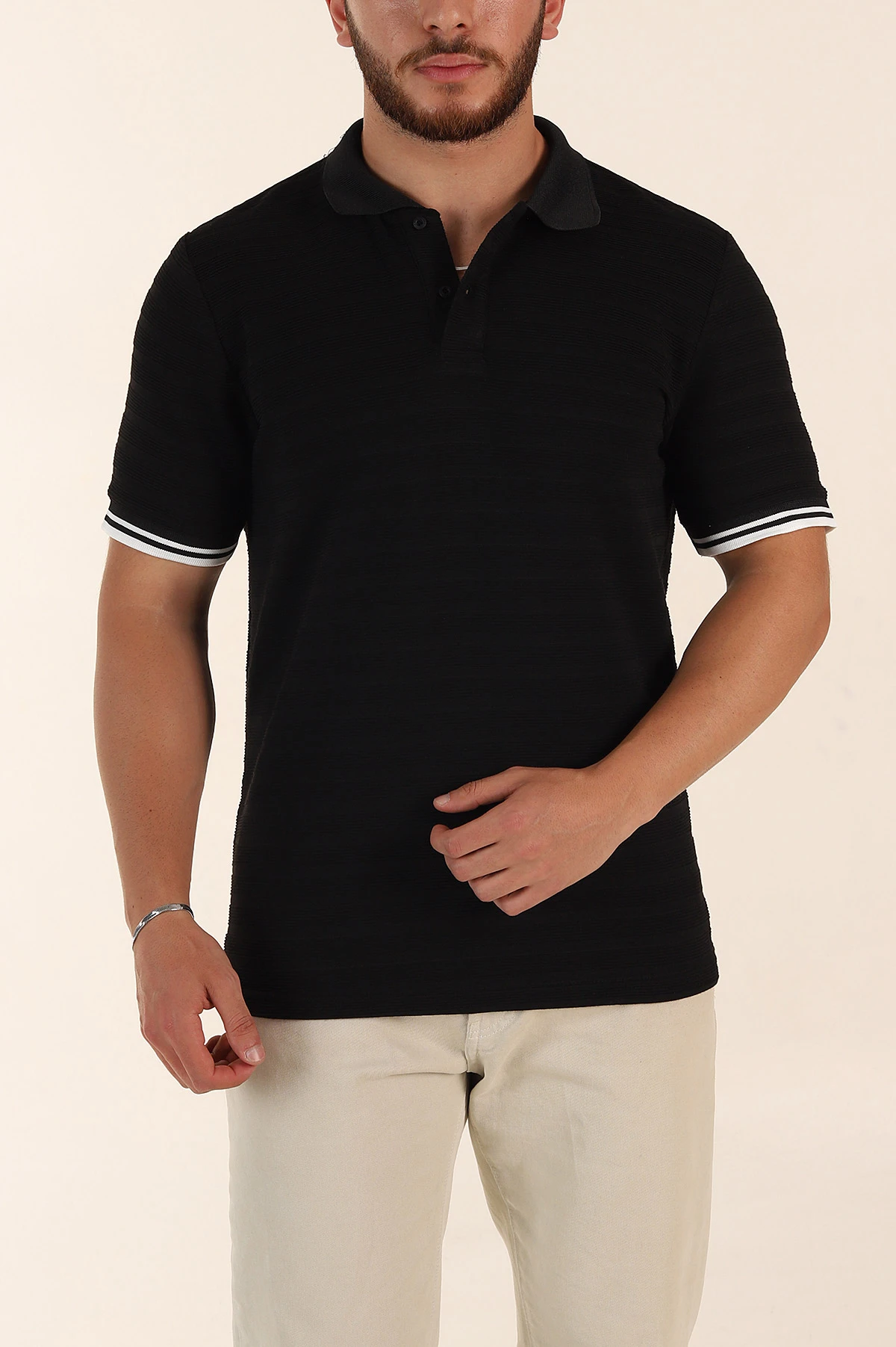 Siyah Regular Fit Çizgi Dokulu Fermuarlı Polo Yaka Erkek Triko Tişört 370063