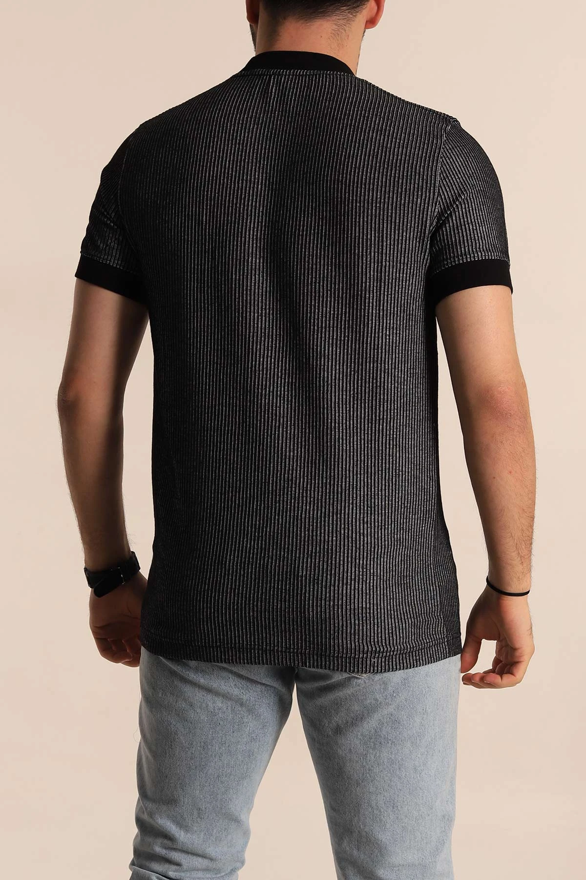 Siyah Regular Fit Çizgi Dokulu Yazı Detay Erkek Tişört 268723