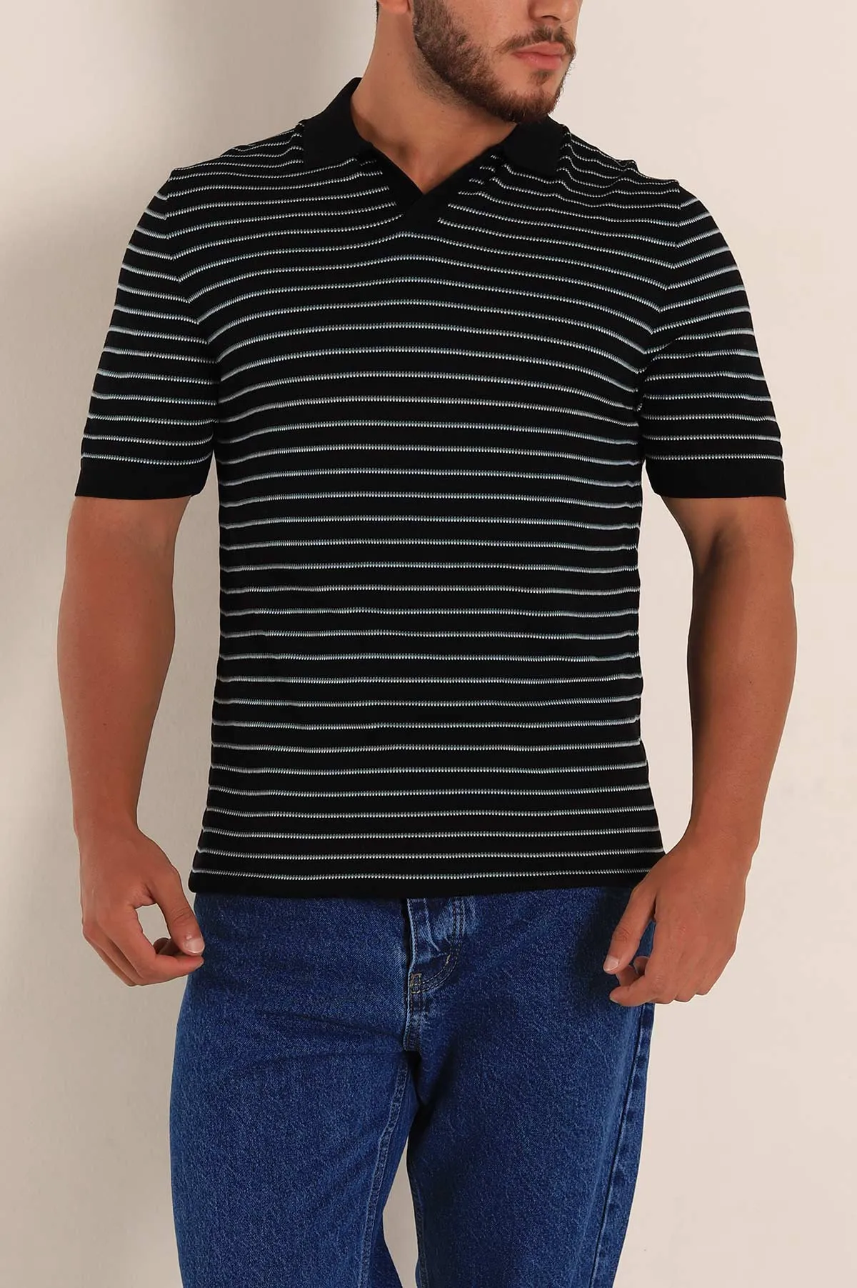 Siyah Regular Fit Çizgili Apaş Yaka Triko Tişört 254687