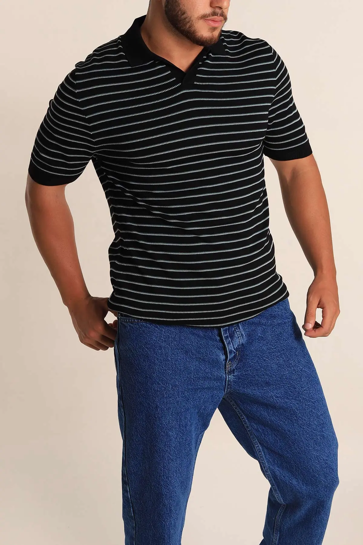 Siyah Regular Fit Çizgili Apaş Yaka Triko Tişört 254687