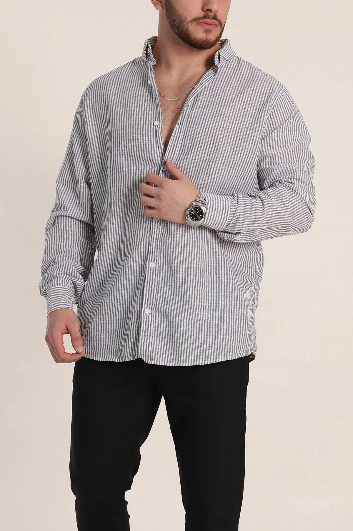 Siyah Regular Fit Çizgili Ata Yaka Erkek Gömlek 349915