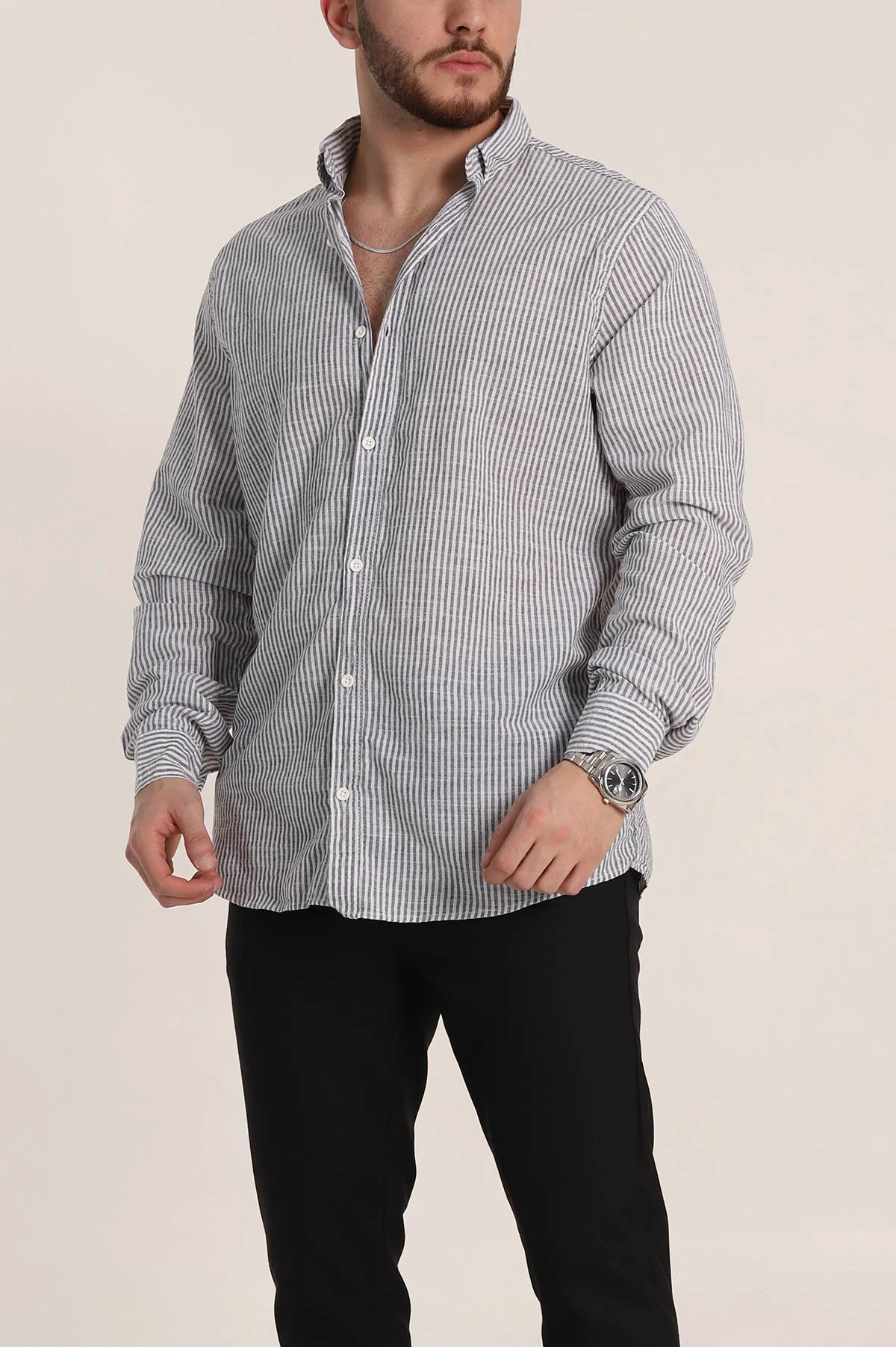 Siyah Regular Fit Çizgili Ata Yaka Erkek Gömlek 349915
