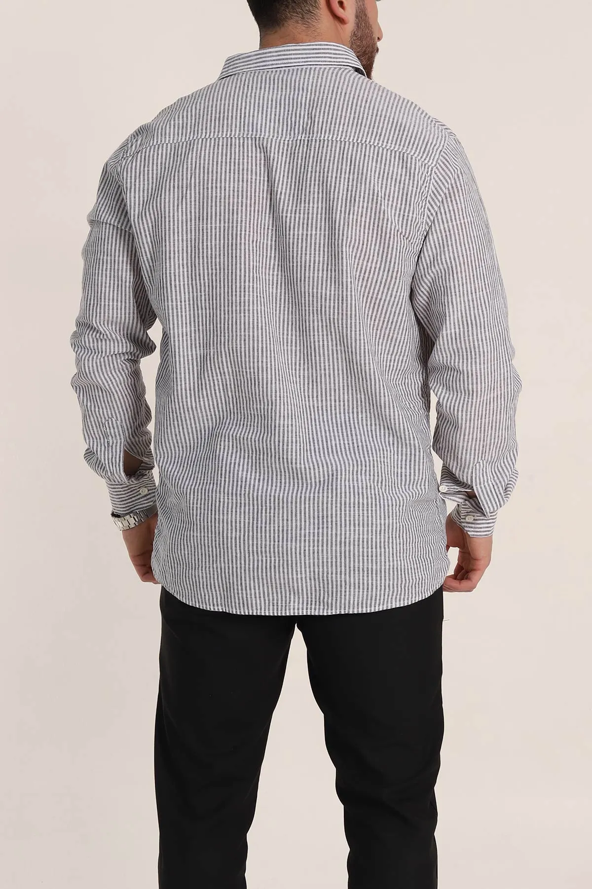 Siyah Regular Fit Çizgili Ata Yaka Erkek Gömlek 349915