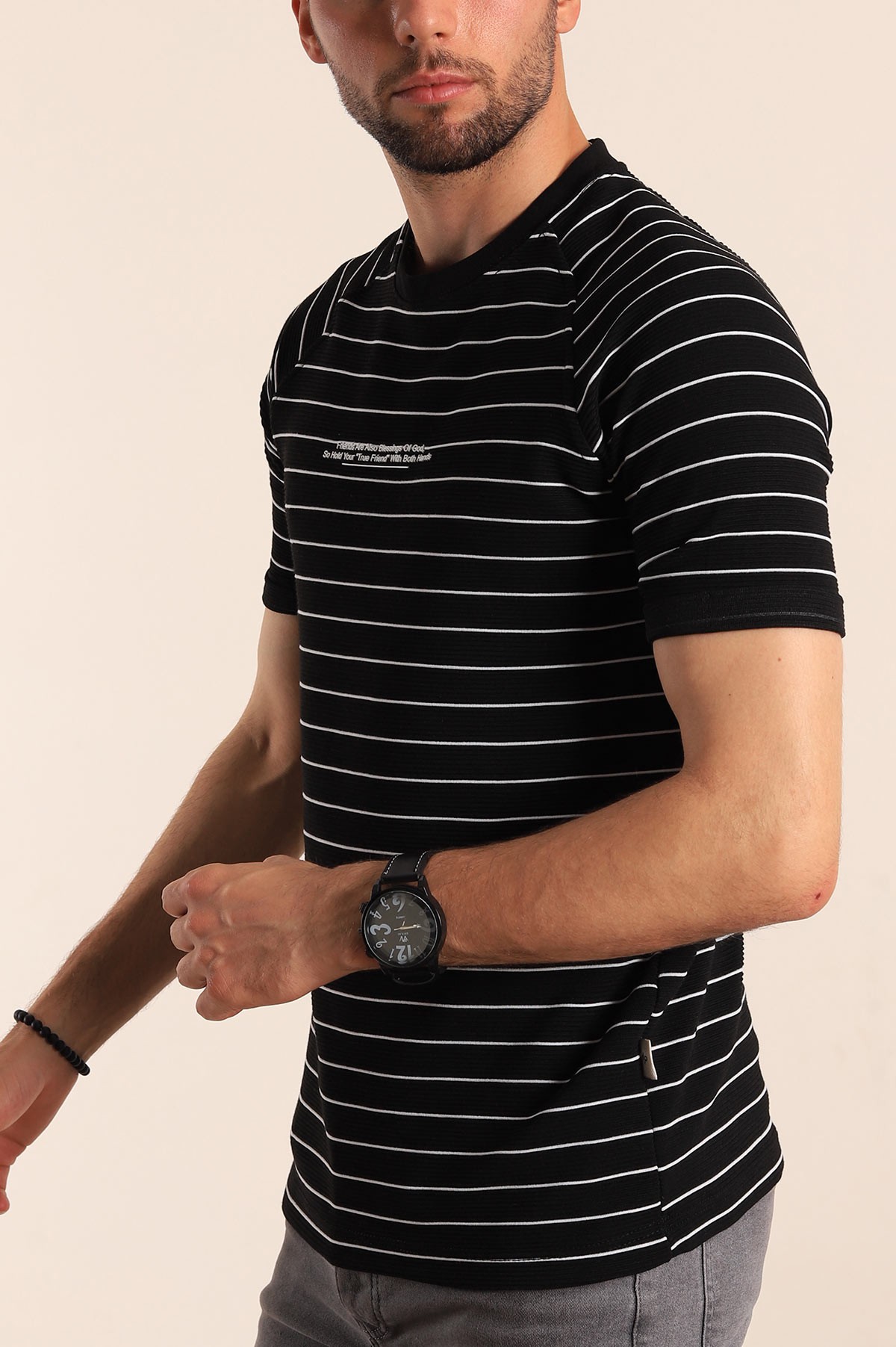 Siyah Regular Fit Çizgili Kabartma Yazılı Erkek Tişört 187540
