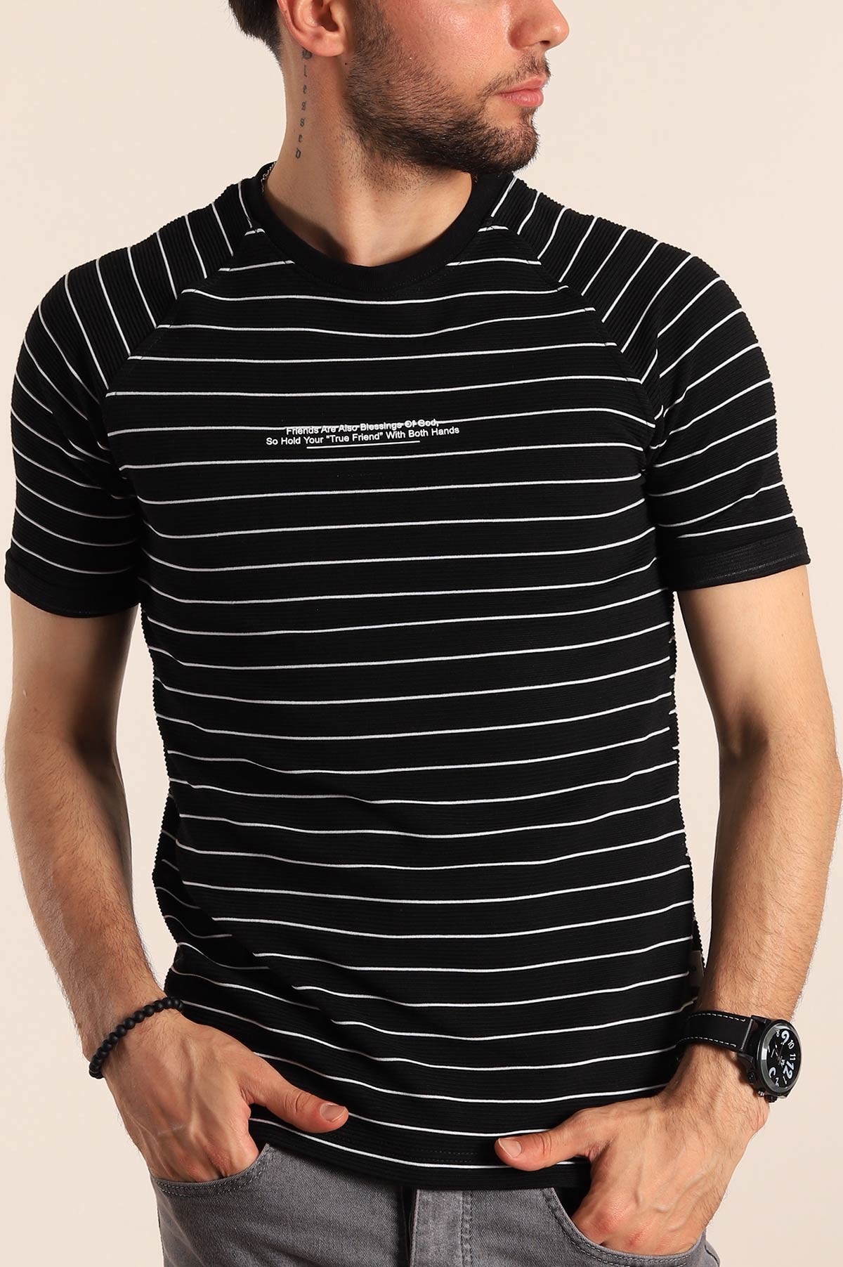 Siyah Regular Fit Çizgili Kabartma Yazılı Erkek Tişört 187540