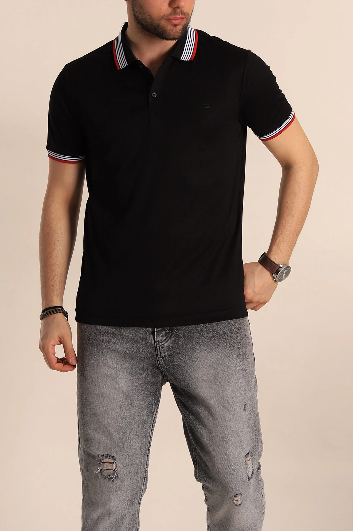 Siyah Regular Fit Desenli Polo Yakalı Erkek Tişört 263260
