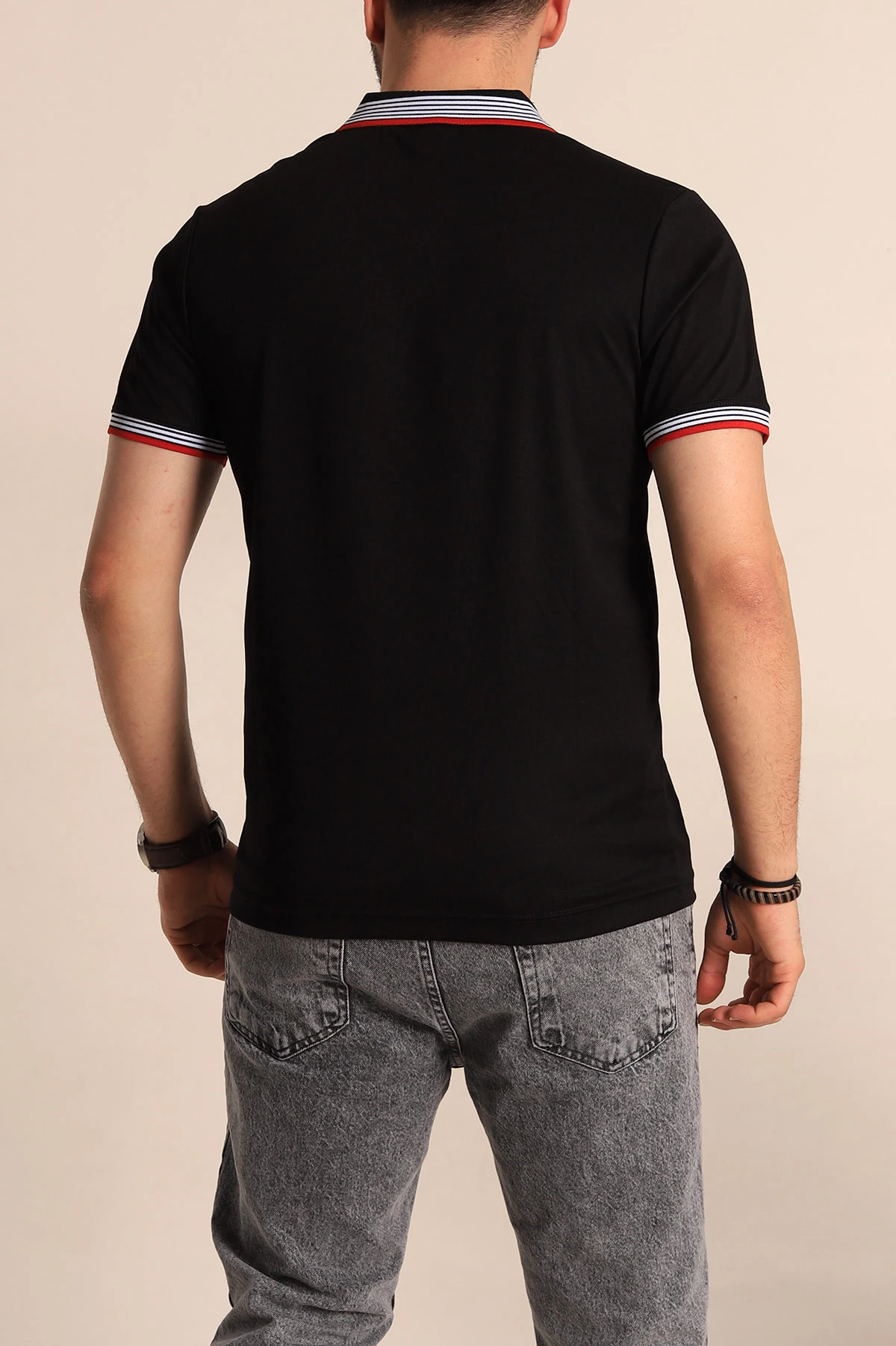 Siyah Regular Fit Desenli Polo Yakalı Erkek Tişört 263260
