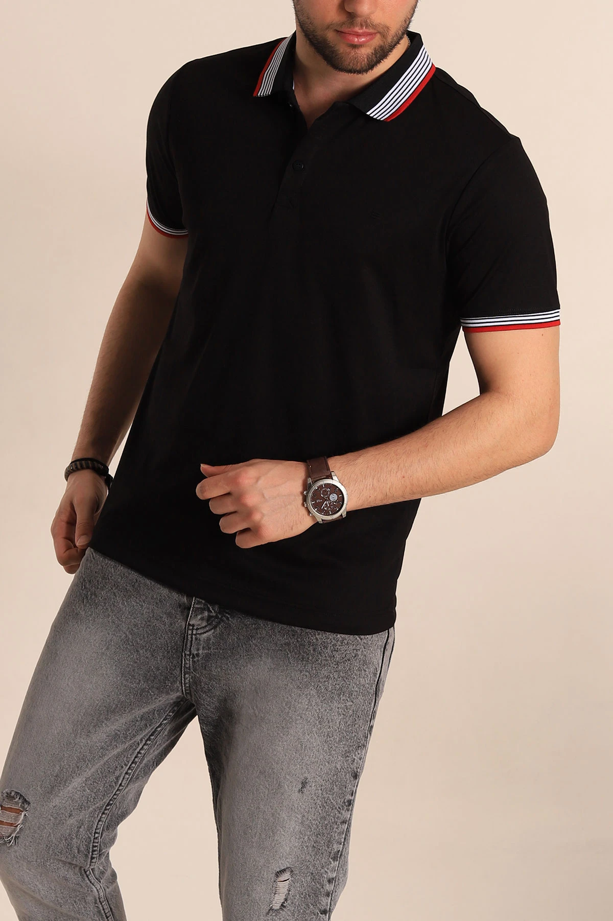 Siyah Regular Fit Desenli Polo Yakalı Erkek Tişört 263260