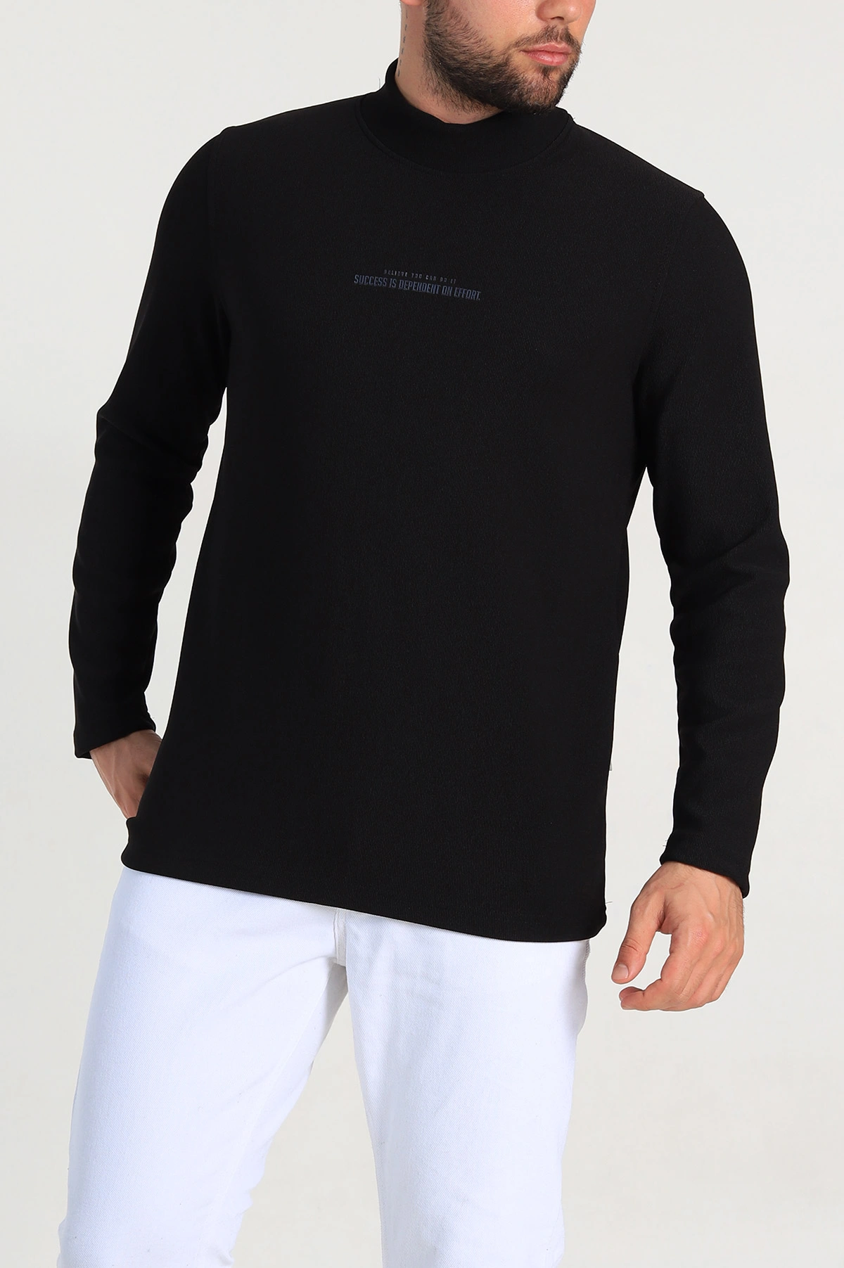 Siyah Regular Fit Dik Yaka Kabartma Yazılı Erkek Sweatshirt 305764