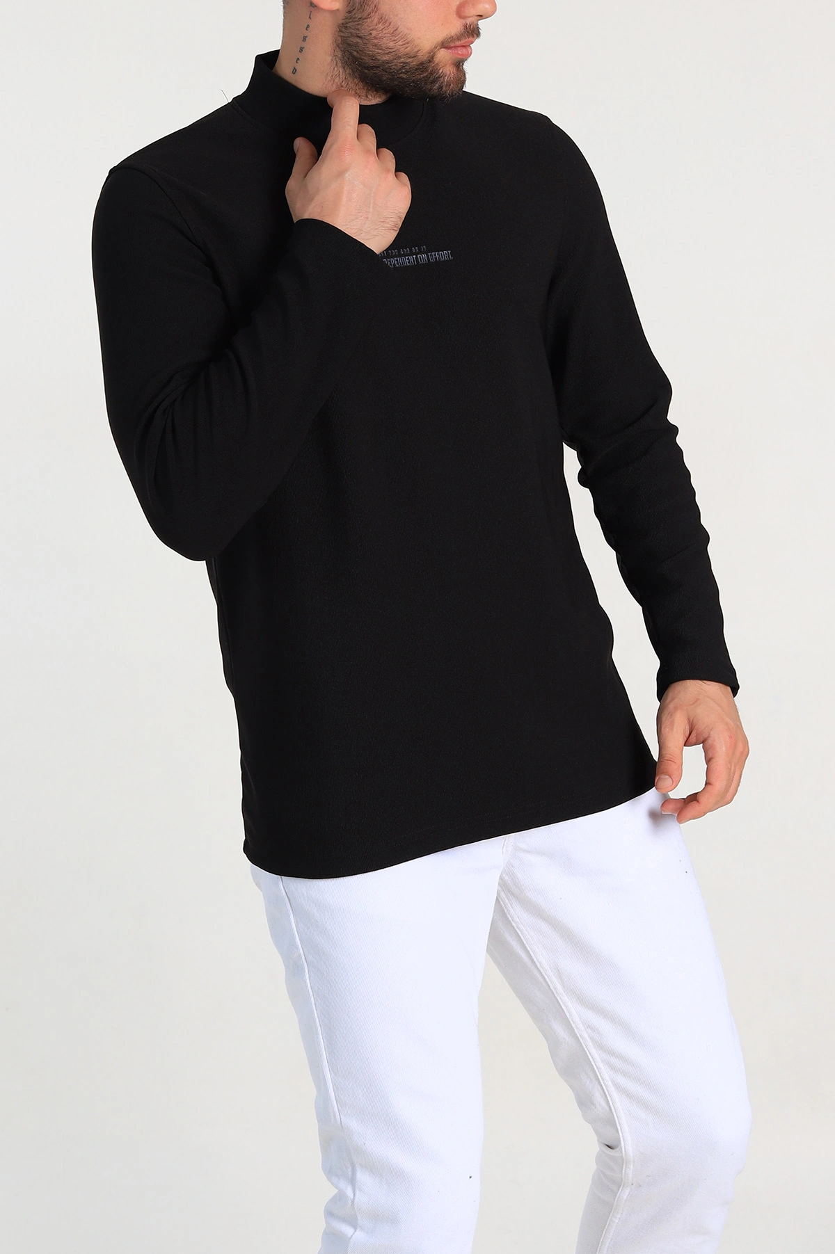 Siyah Regular Fit Dik Yaka Kabartma Yazılı Erkek Sweatshirt 305764