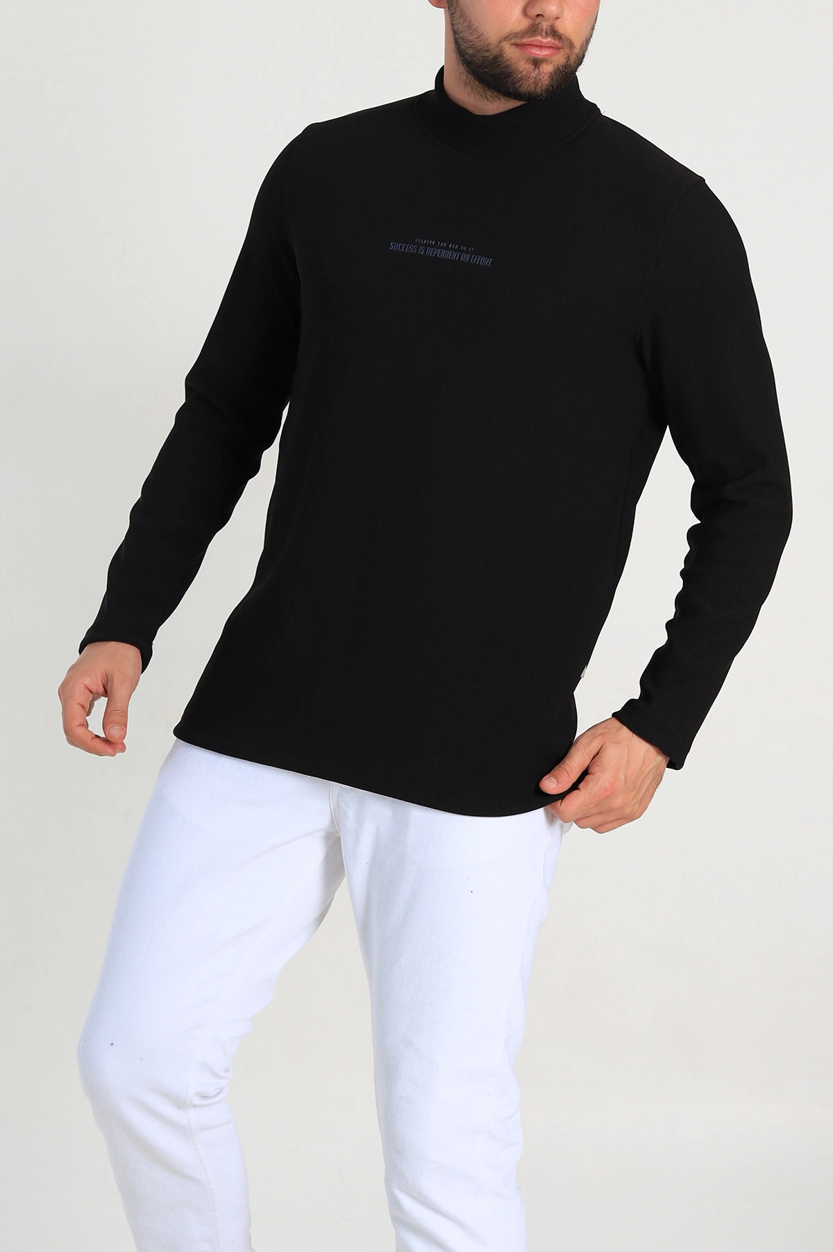 Siyah Regular Fit Dik Yaka Kabartma Yazılı Erkek Sweatshirt 305764