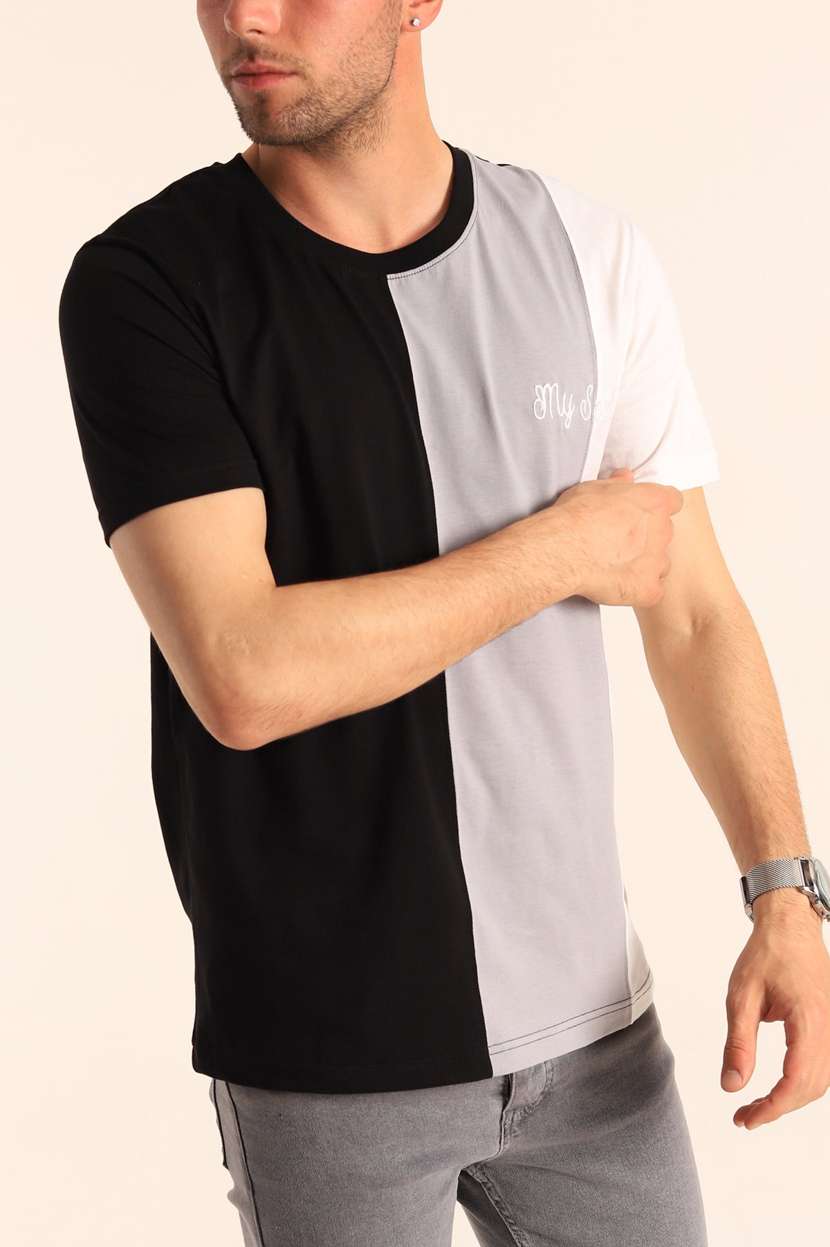 Siyah Regular Fit Dikey Şeritli Erkek Tişört 182286