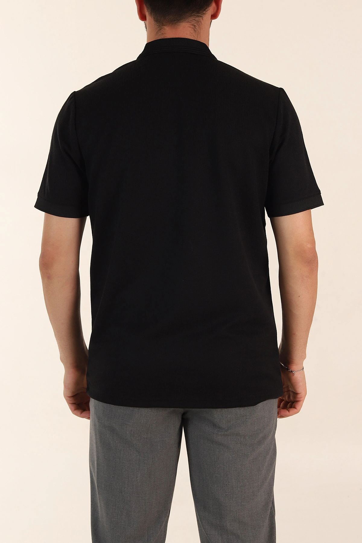 Siyah Regular Fit Dokulu Düğmeli Polo Yaka Erkek Triko Tişört 370068