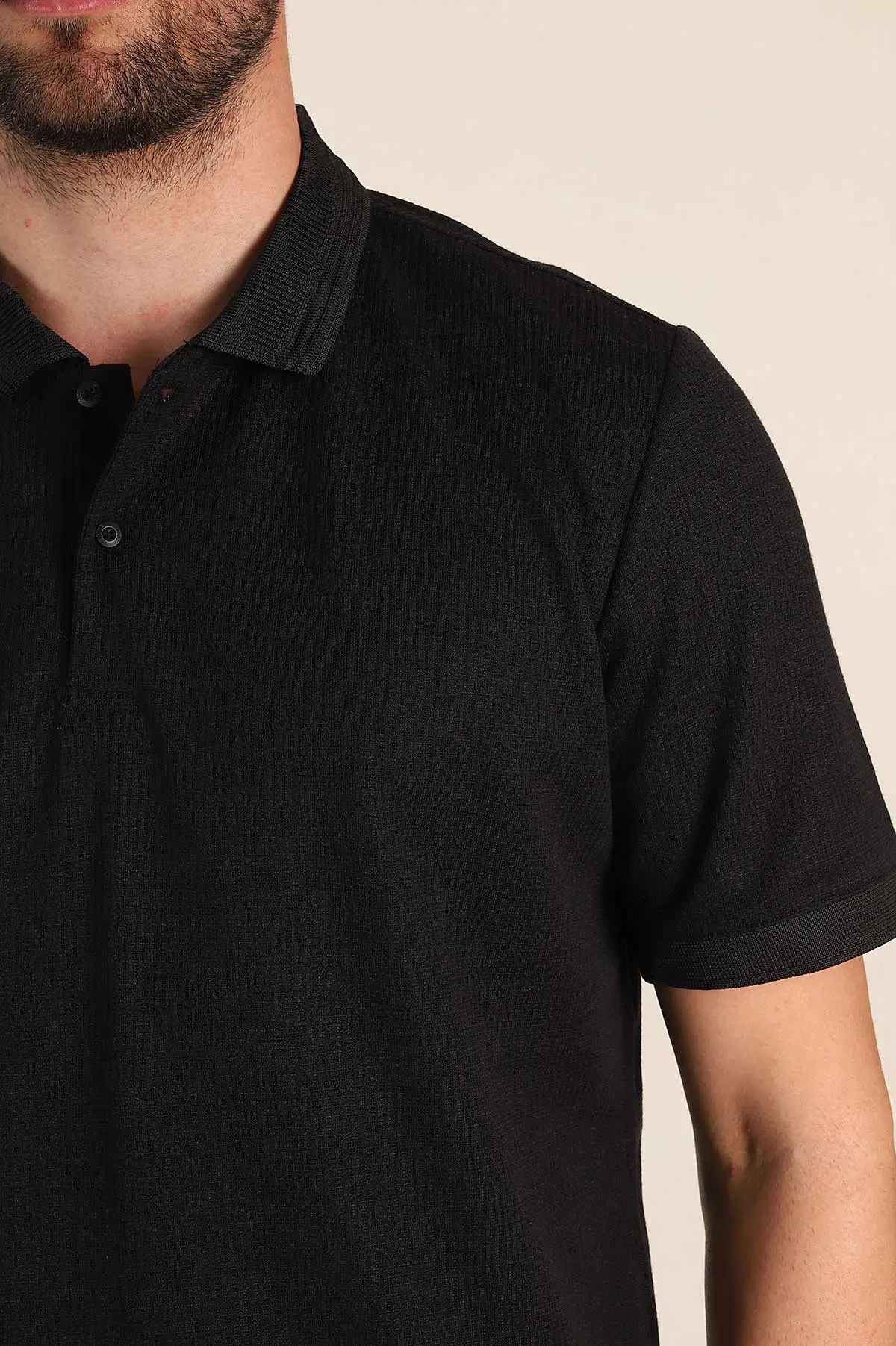 Siyah Regular Fit Dokulu Düğmeli Polo Yaka Erkek Triko Tişört 370068