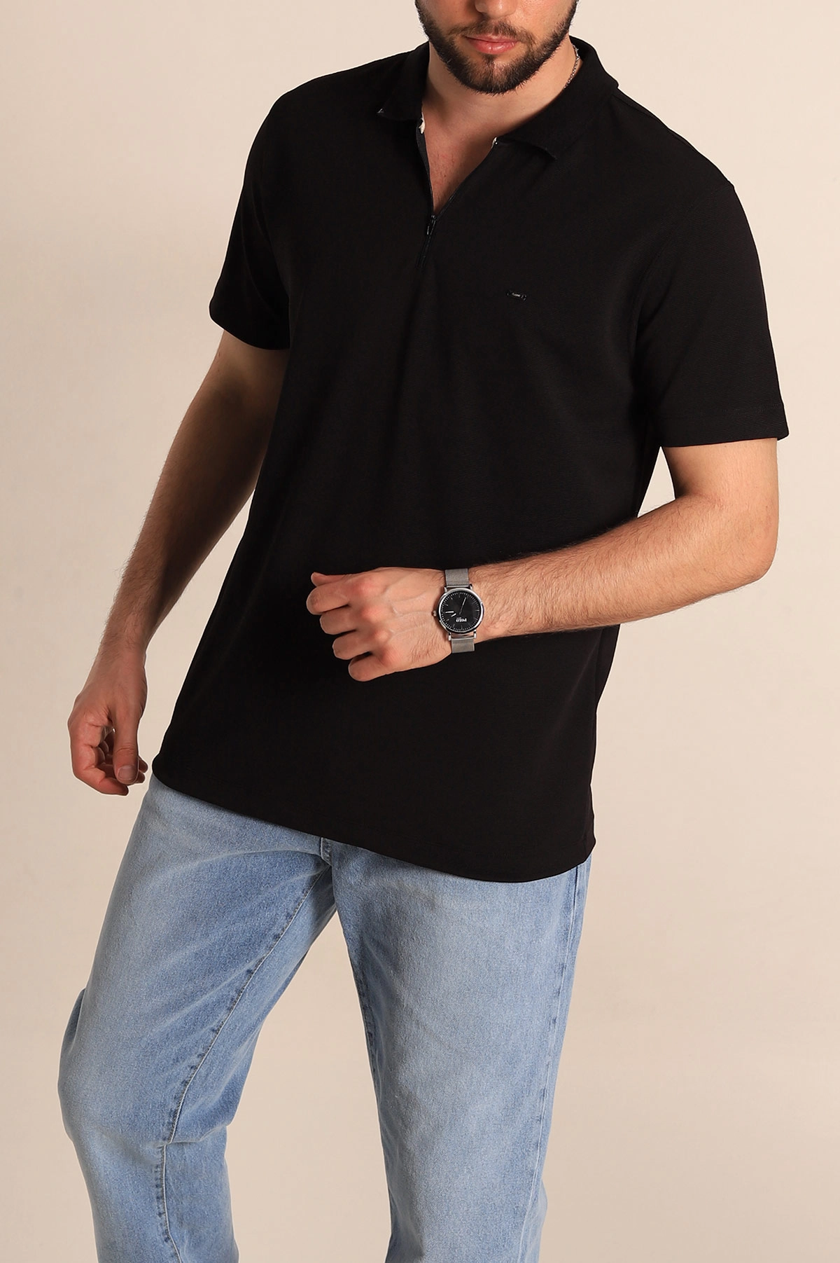 Siyah Regular Fit Dokulu Fermuarlı Polo Yaka Erkek Tişört 277198