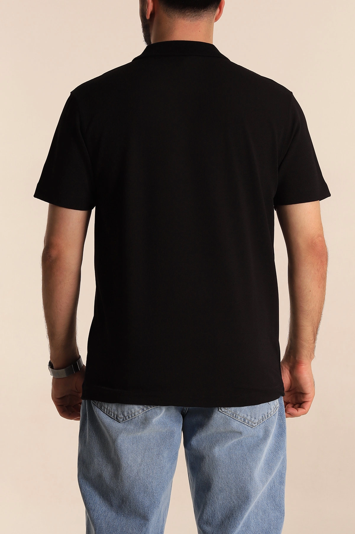 Siyah Regular Fit Dokulu Fermuarlı Polo Yaka Erkek Tişört 277198