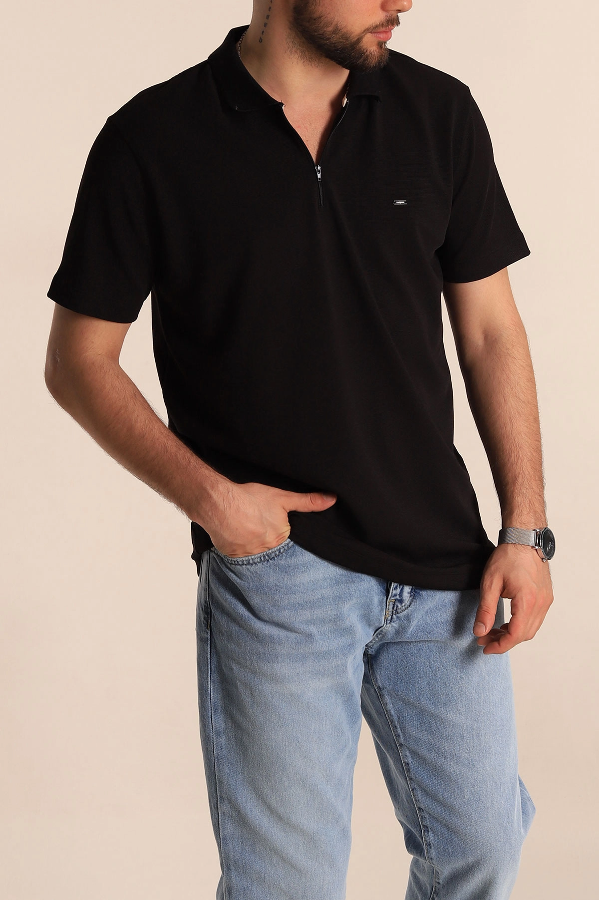 Siyah Regular Fit Dokulu Fermuarlı Polo Yaka Erkek Tişört 277198