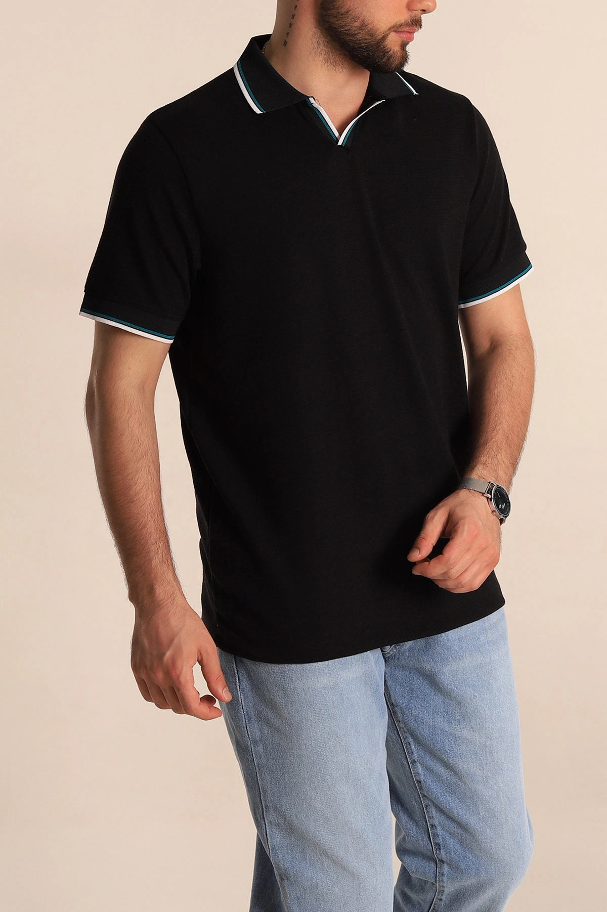 Siyah Regular Fit Dokulu Polo Yaka Erkek Tişört 277063
