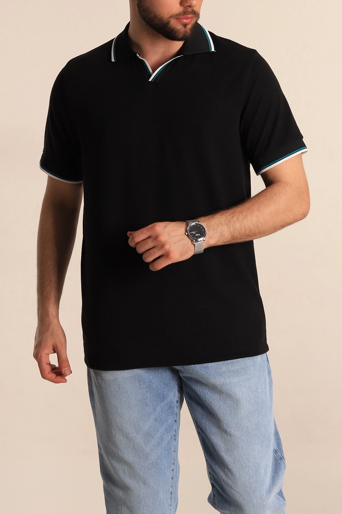 Siyah Regular Fit Dokulu Polo Yaka Erkek Tişört 277063