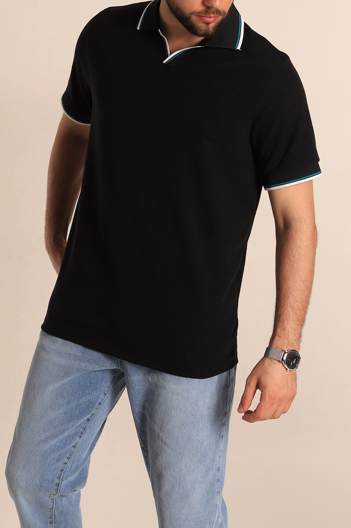 Siyah Regular Fit Dokulu Polo Yaka Erkek Tişört 277063
