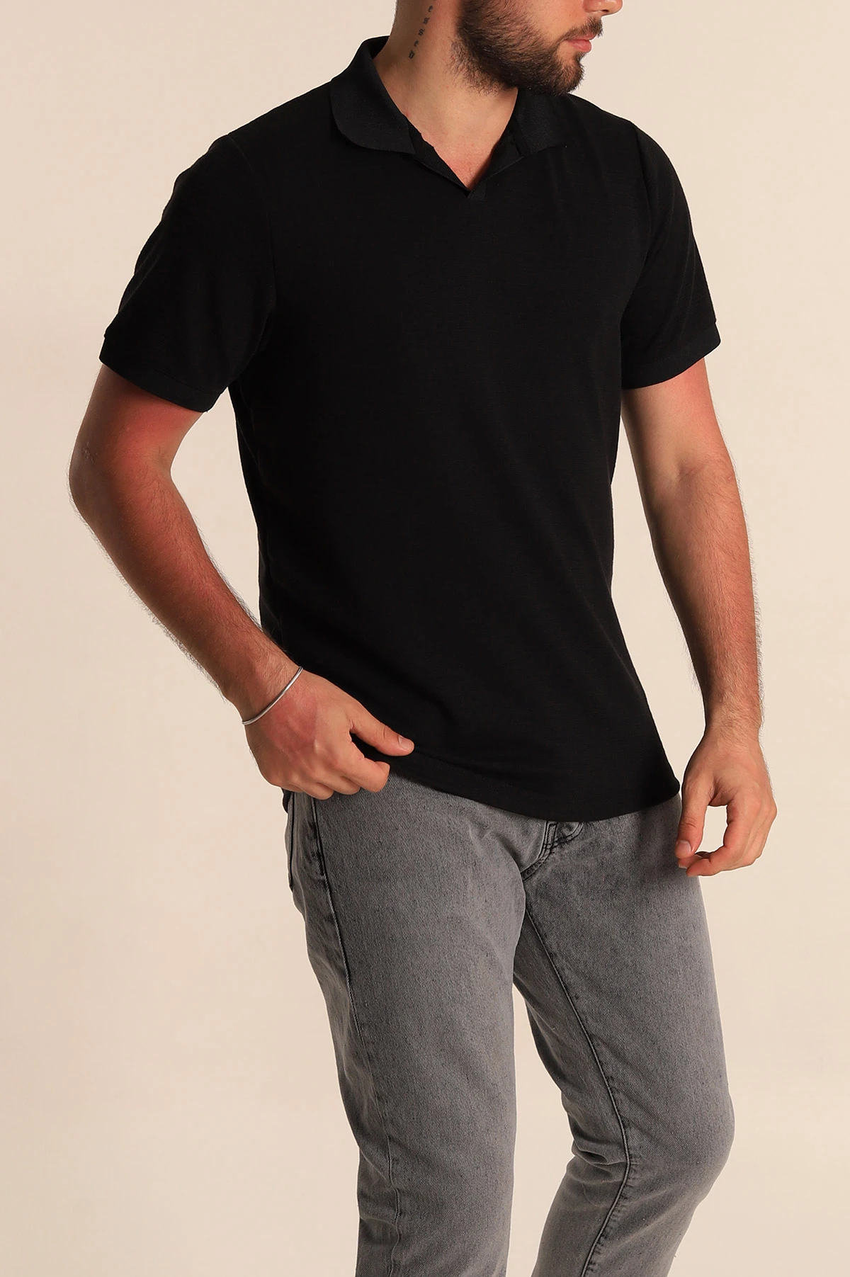 Siyah Regular Fit Dokulu Polo Yaka Erkek Tişört 277118
