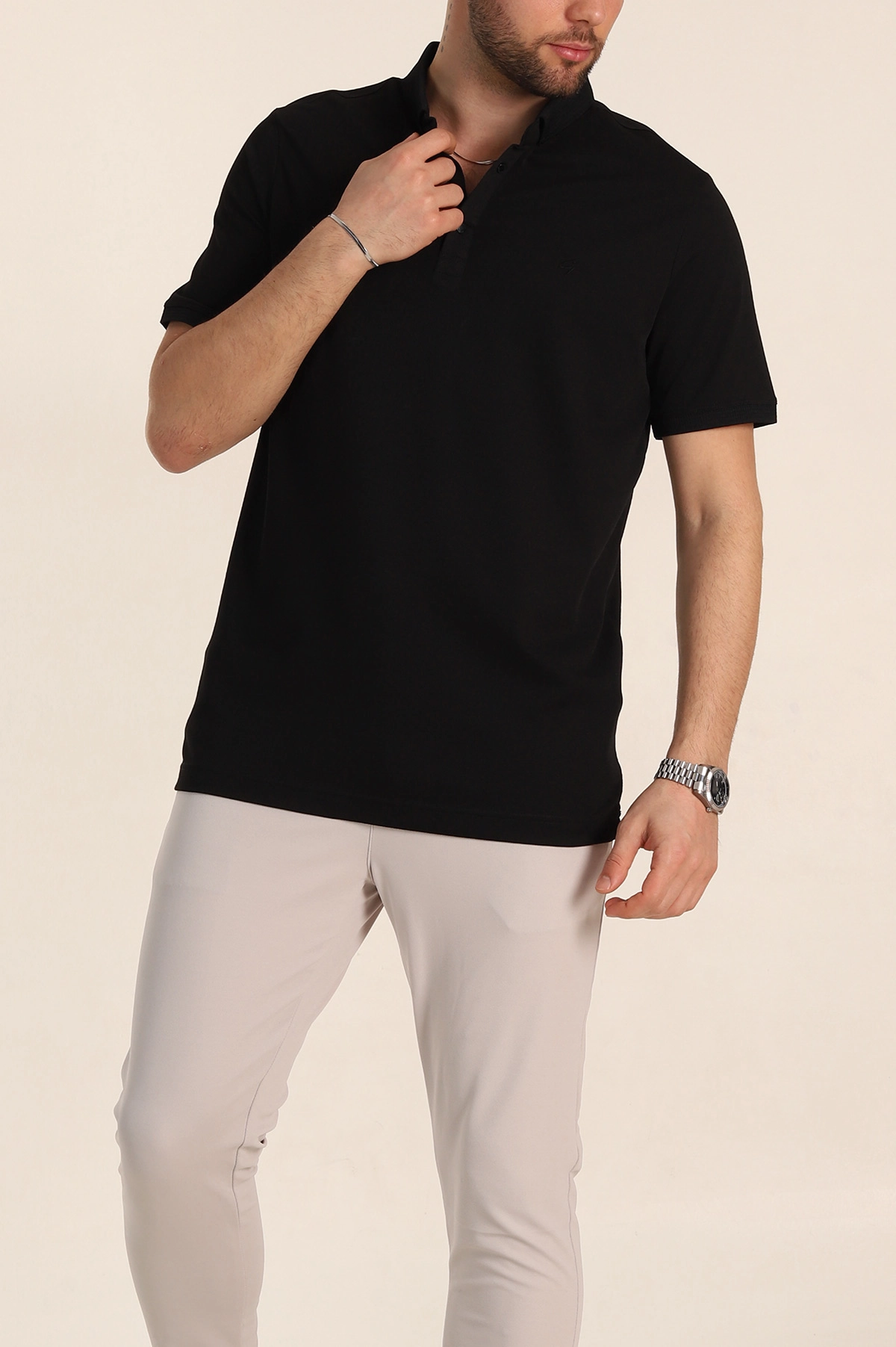 Siyah Regular Fit Dokulu Polo Yaka Erkek Tişört 342490