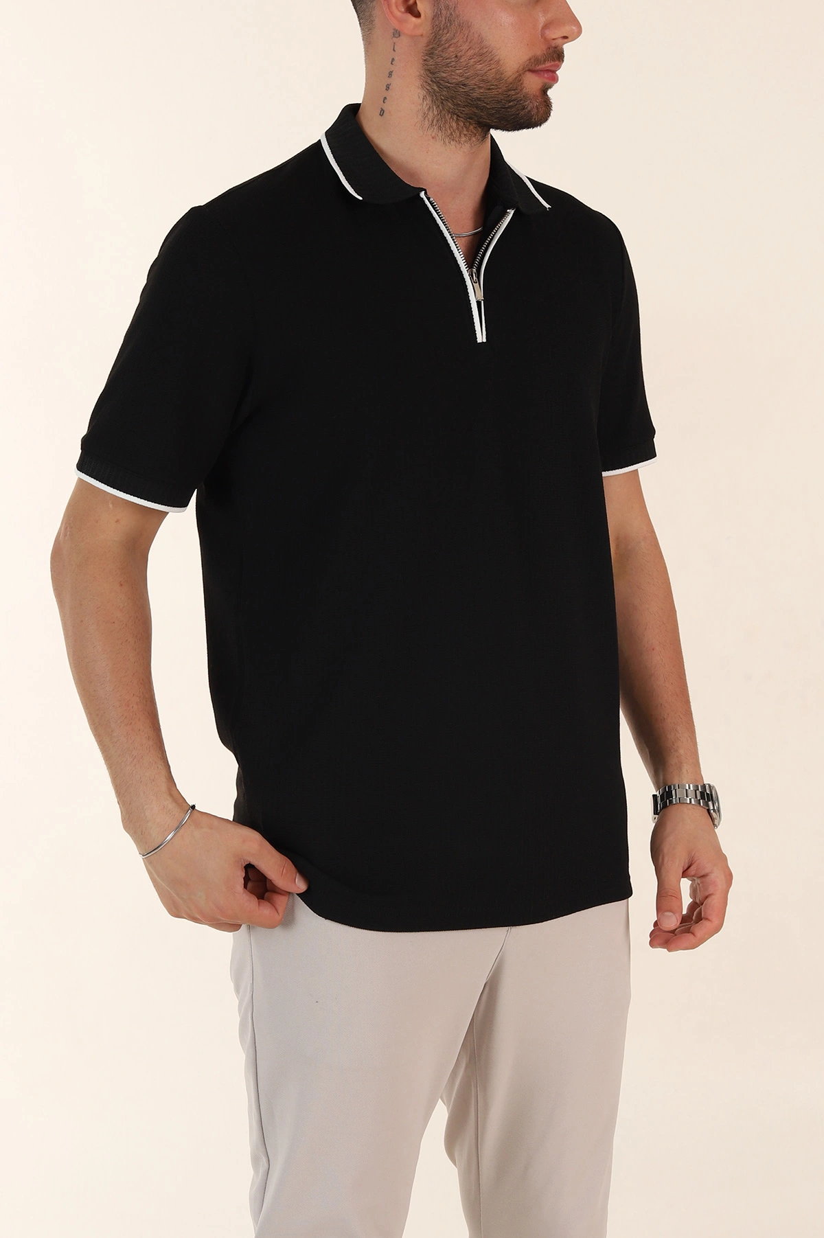 Siyah Regular Fit Dokulu Polo Yaka Erkek Triko Tişört 369369