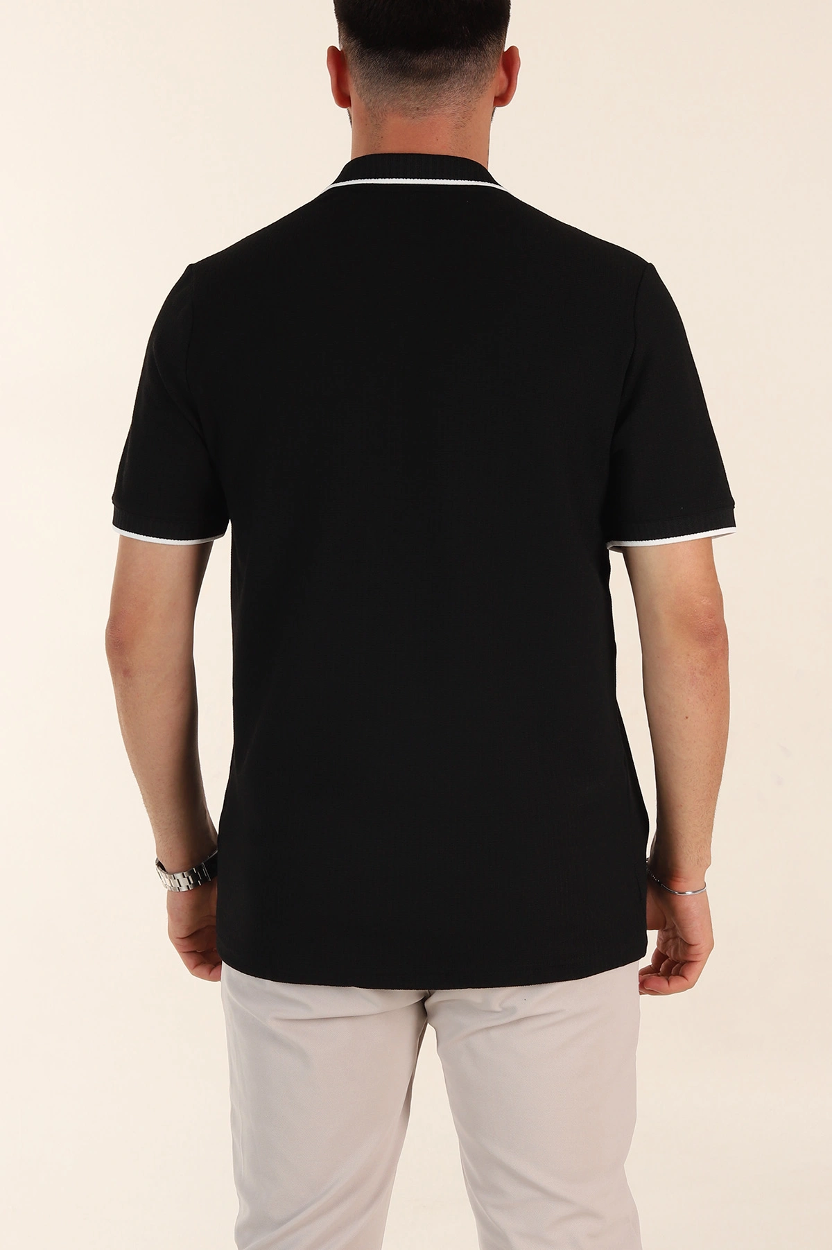 Siyah Regular Fit Dokulu Polo Yaka Erkek Triko Tişört 369369