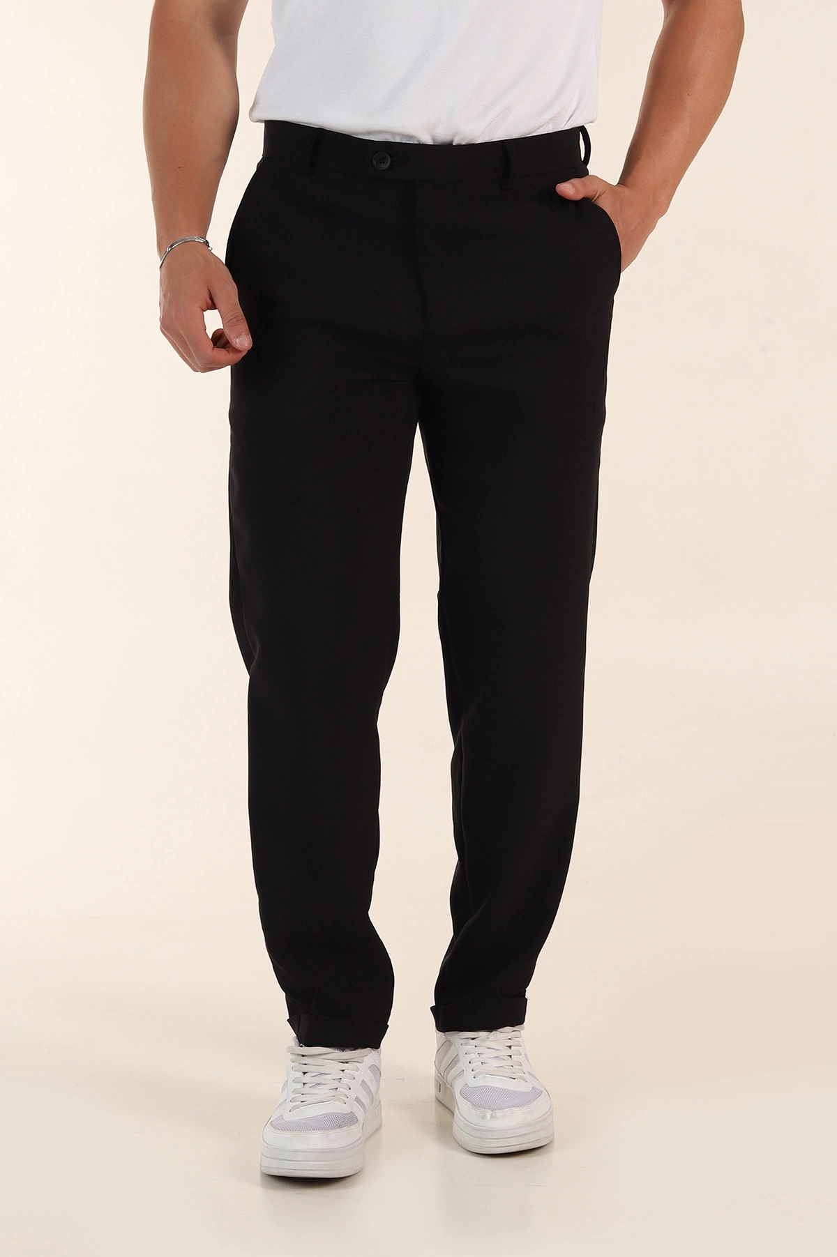 Siyah Regular Fit Duble Kumaş Duble Paça Bel Arkası Lastikli Erkek Pantolon 368370
