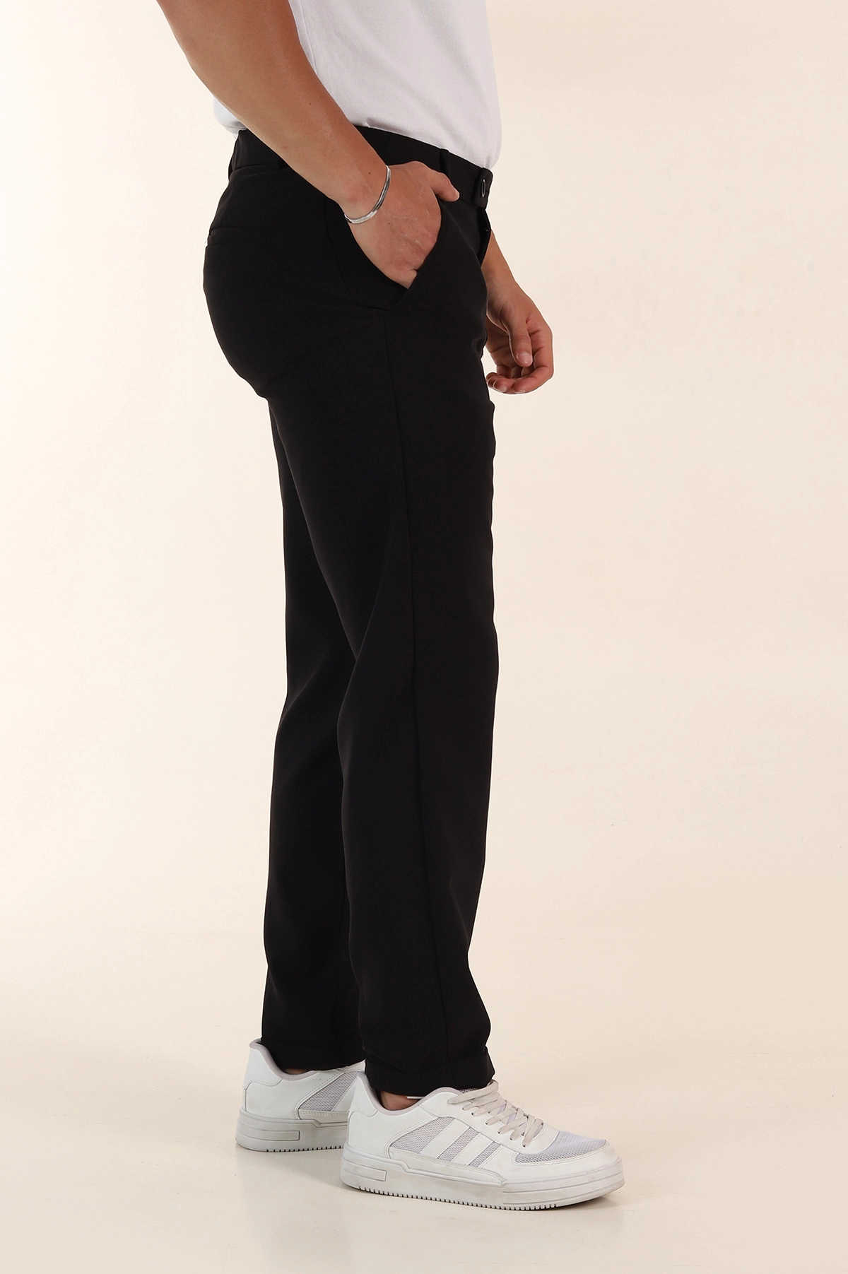Siyah Regular Fit Duble Kumaş Duble Paça Bel Arkası Lastikli Erkek Pantolon 368370