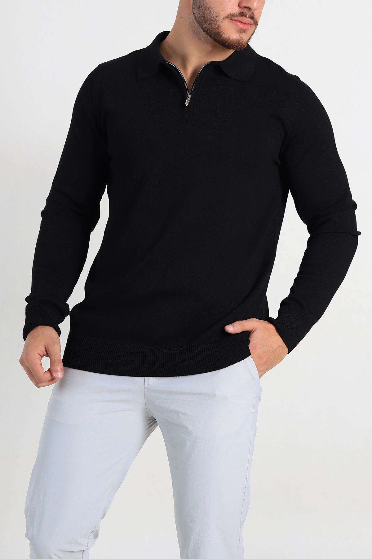Siyah Regular Fit Fermuarlı Polo Yaka Erkek İnce Triko 309187