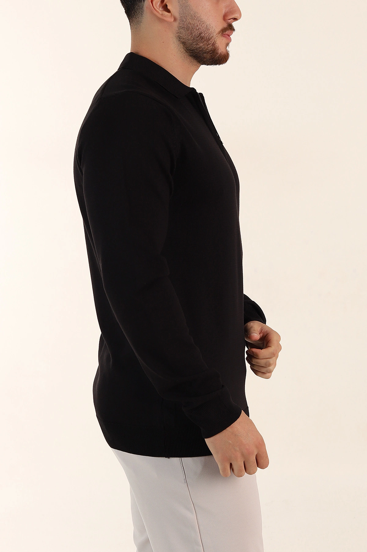 Siyah Regular Fit Fermuarlı Polo Yaka Uzun Kollu Triko 393300