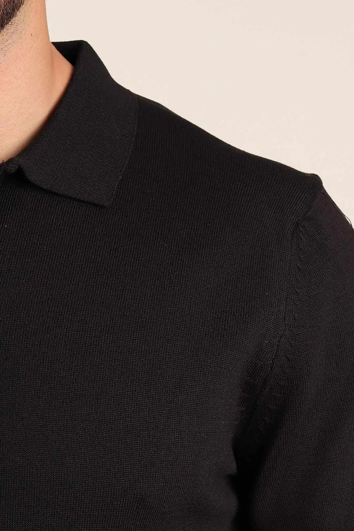 Siyah Regular Fit Fermuarlı Polo Yaka Uzun Kollu Triko 393300