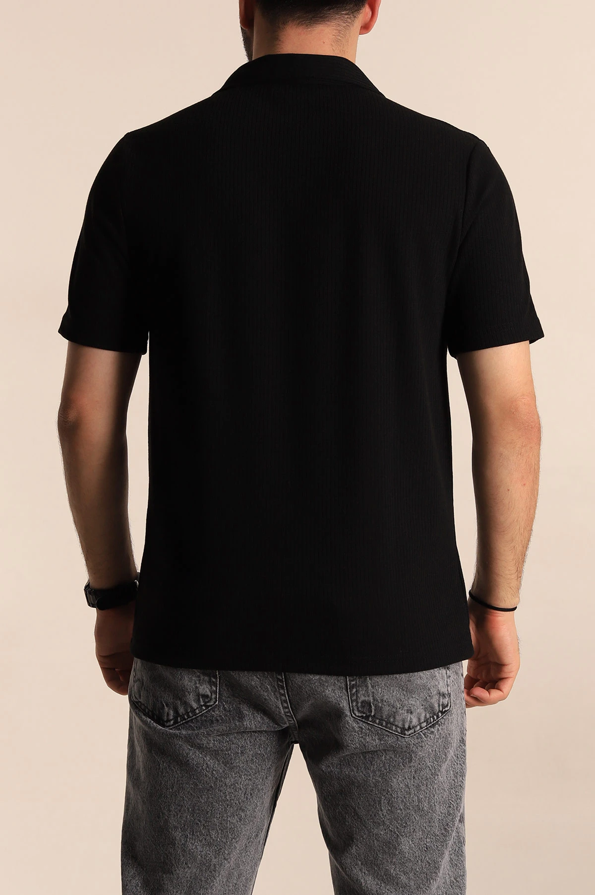Siyah Regular Fit Fitilli Doku Fermuarlı Yaka Erkek Tişört 268887