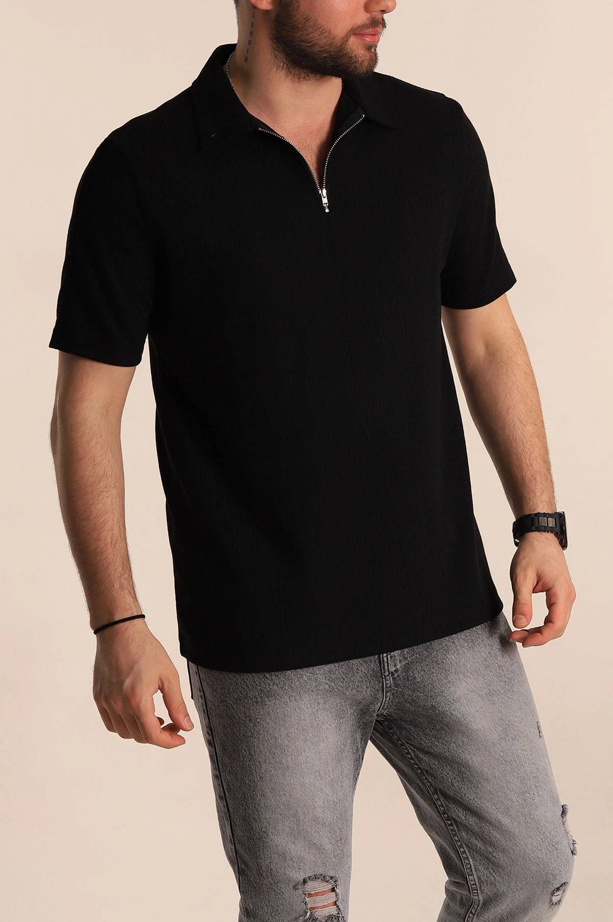 Siyah Regular Fit Fitilli Doku Fermuarlı Yaka Erkek Tişört 268887