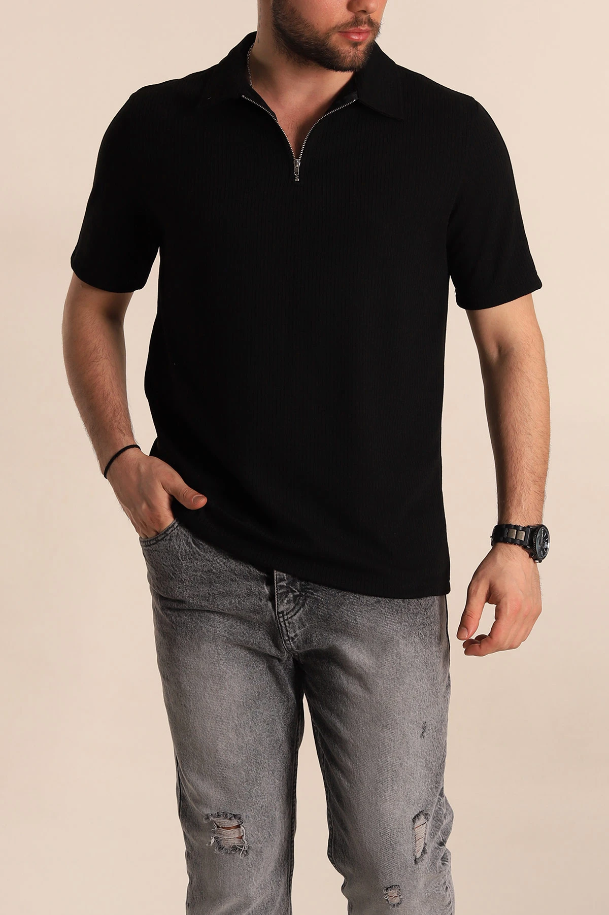 Siyah Regular Fit Fitilli Doku Fermuarlı Yaka Erkek Tişört 268887