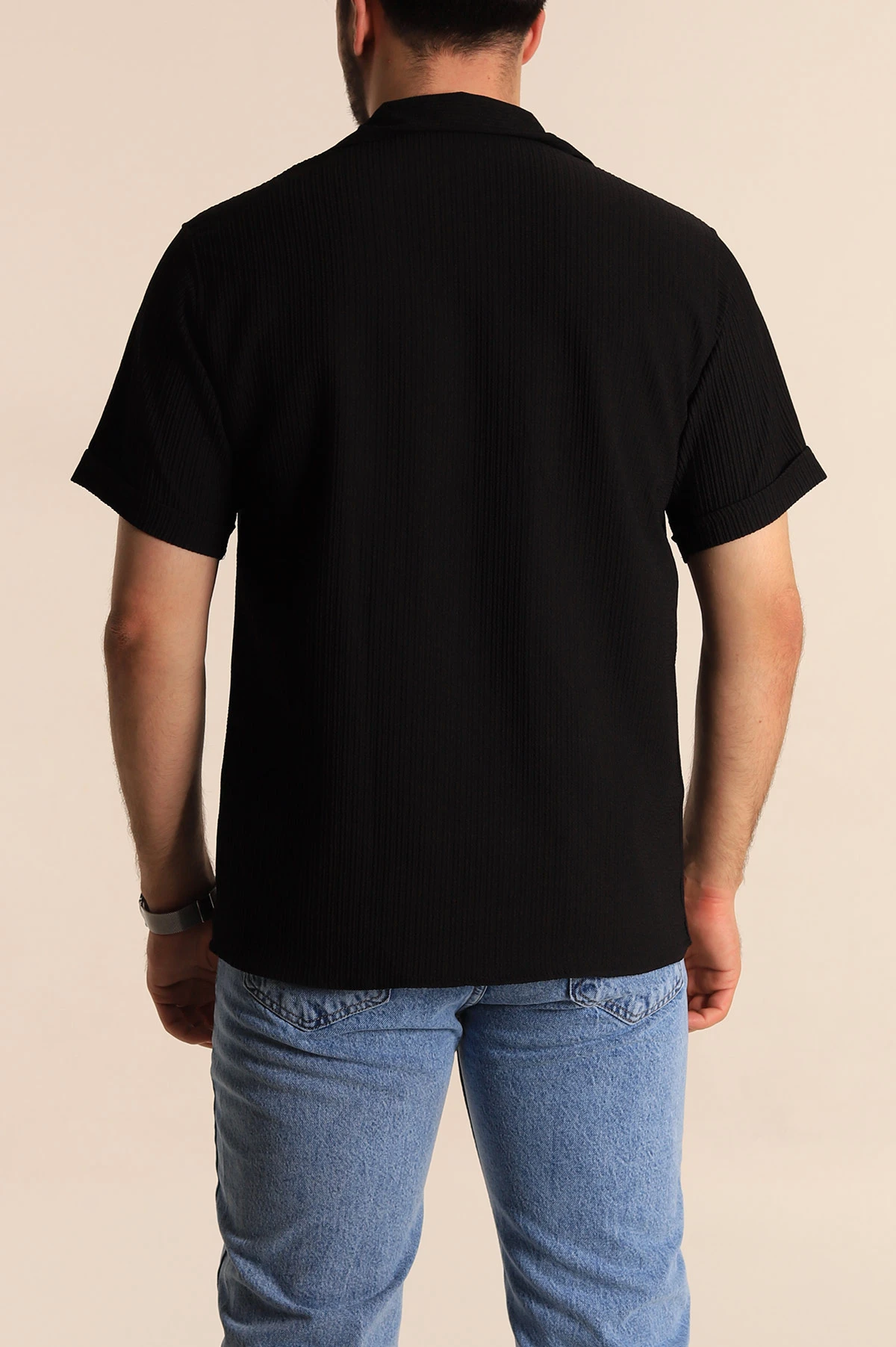 Siyah Regular Fit Fitilli Doku Kısa Kollu Erkek Gömlek 275489