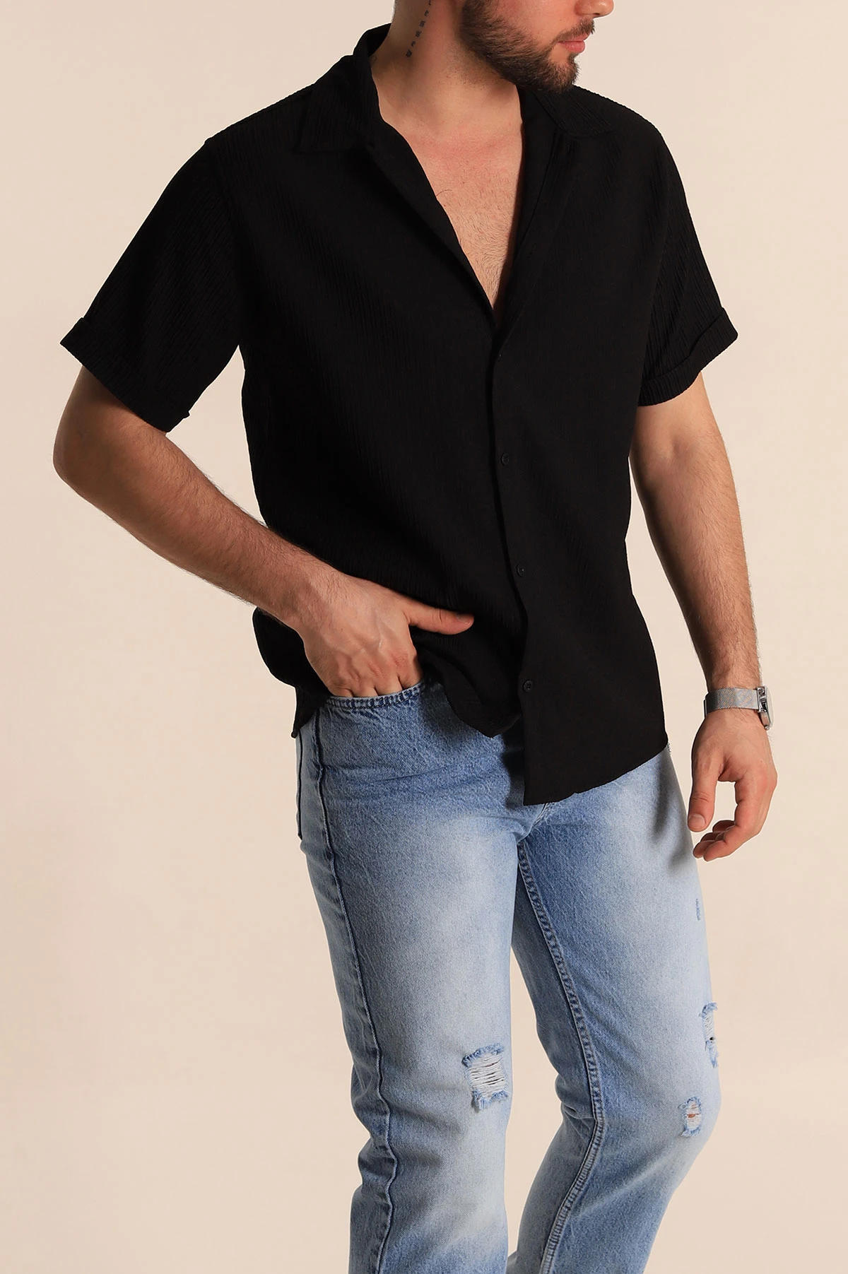 Siyah Regular Fit Fitilli Doku Kısa Kollu Erkek Gömlek 275489