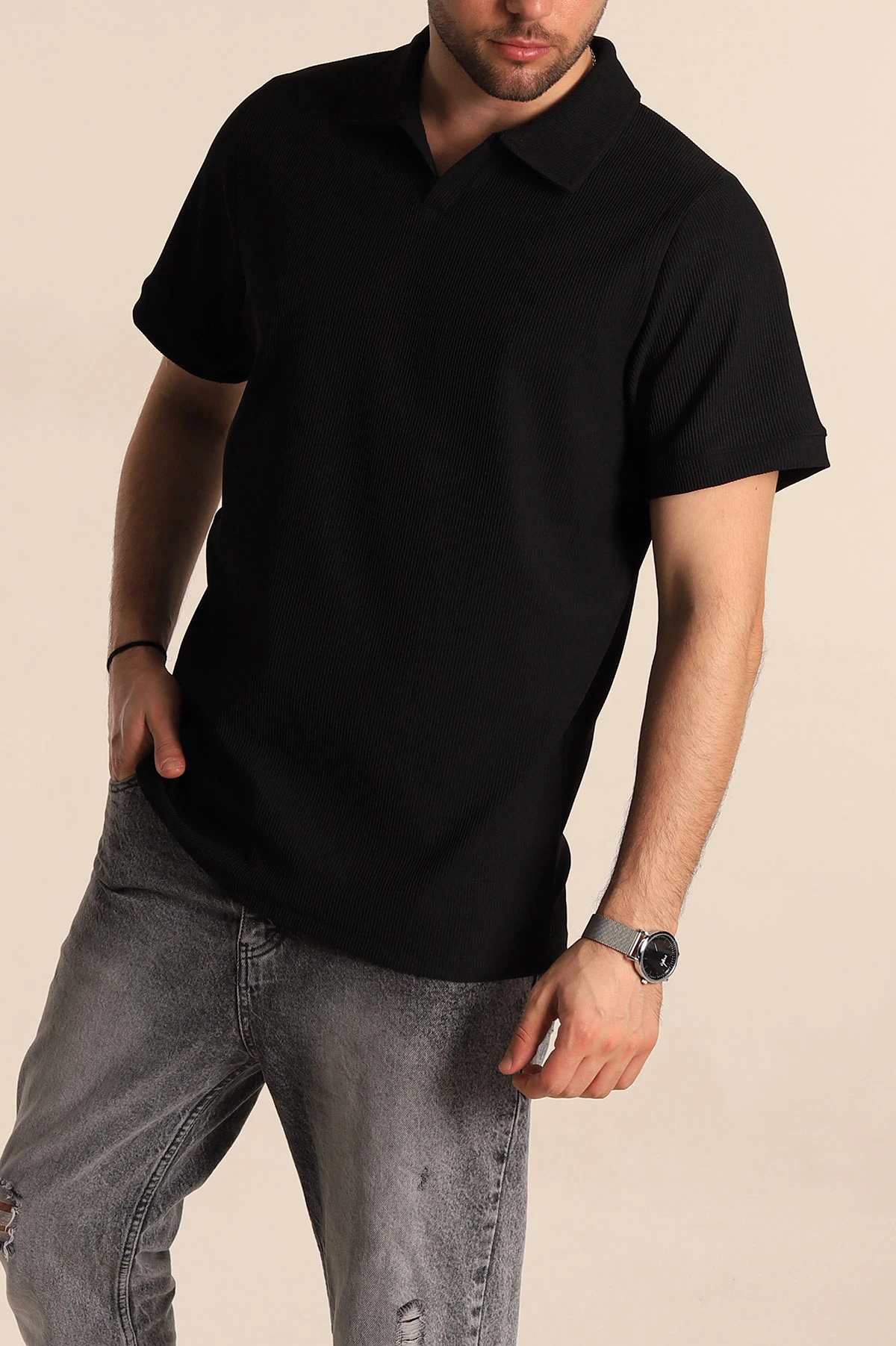 Siyah Regular Fit Fitilli Doku Patlı Polo Yaka Erkek Tişört 270576