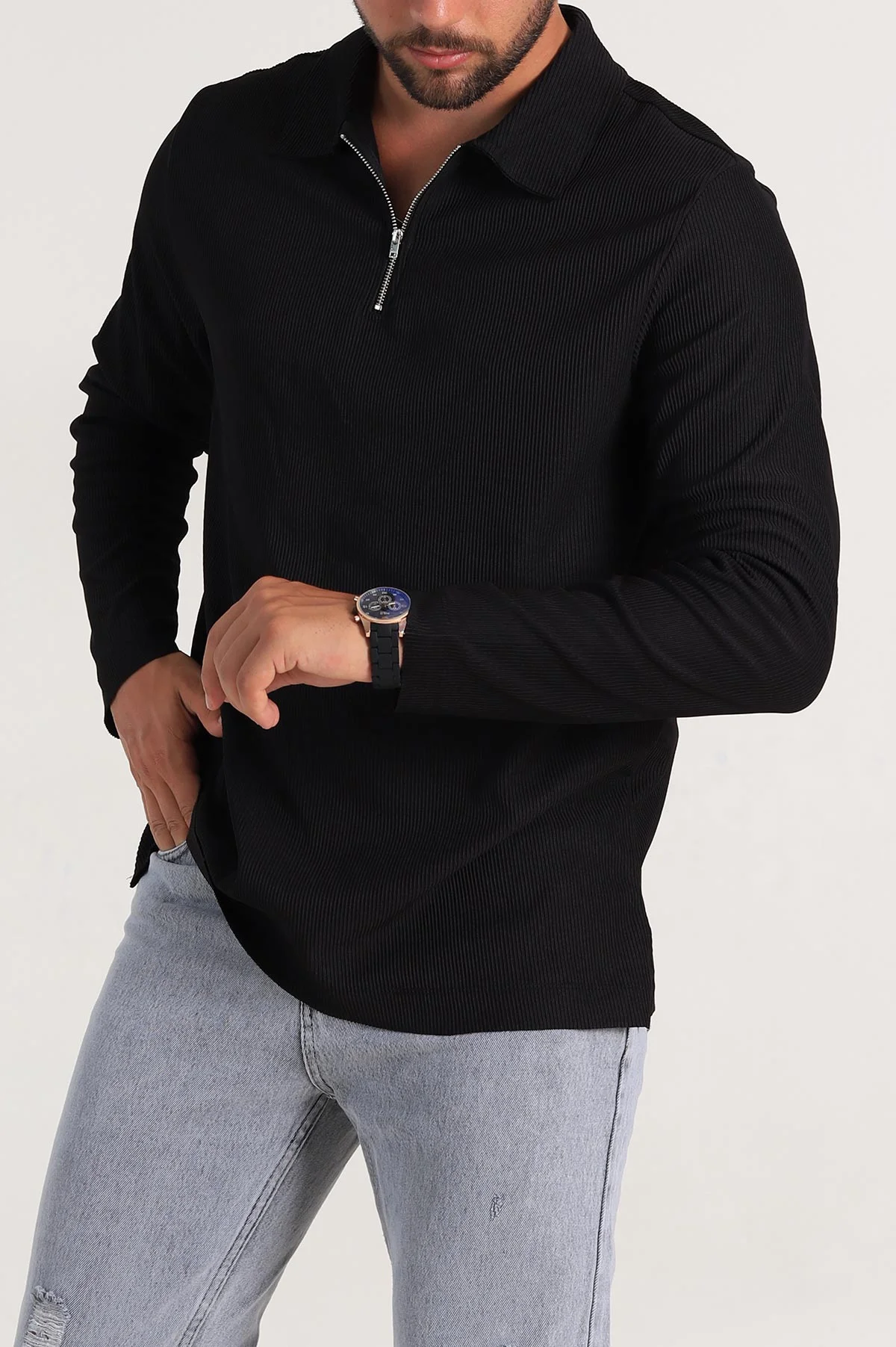 Siyah Regular Fit Fitilli Doku Polo Yaka Sweatshirt 299825