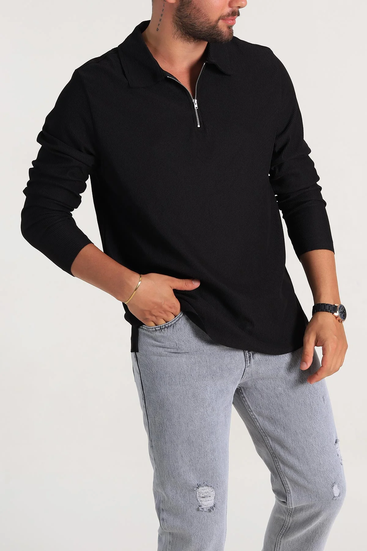 Siyah Regular Fit Fitilli Doku Polo Yaka Sweatshirt 299825