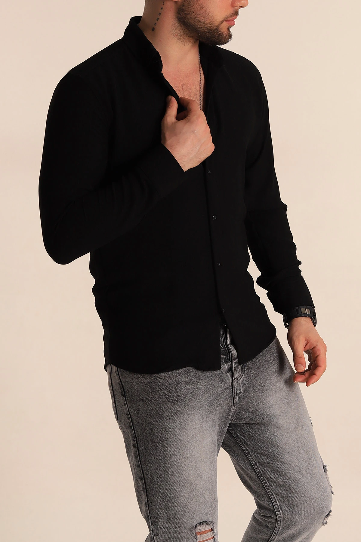 Siyah Regular Fit Fitilli Dokulu Erkek Gömlek 267016