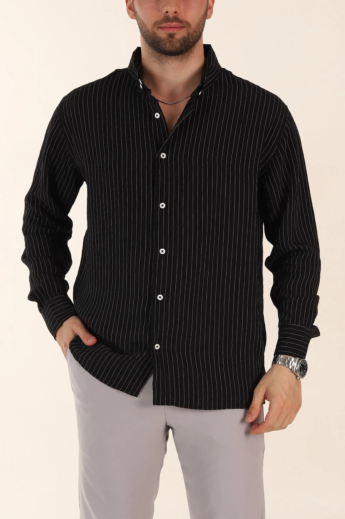 Siyah Regular Fit İnce Çizgili Uzun Kollu Erkek Gömlek 369338