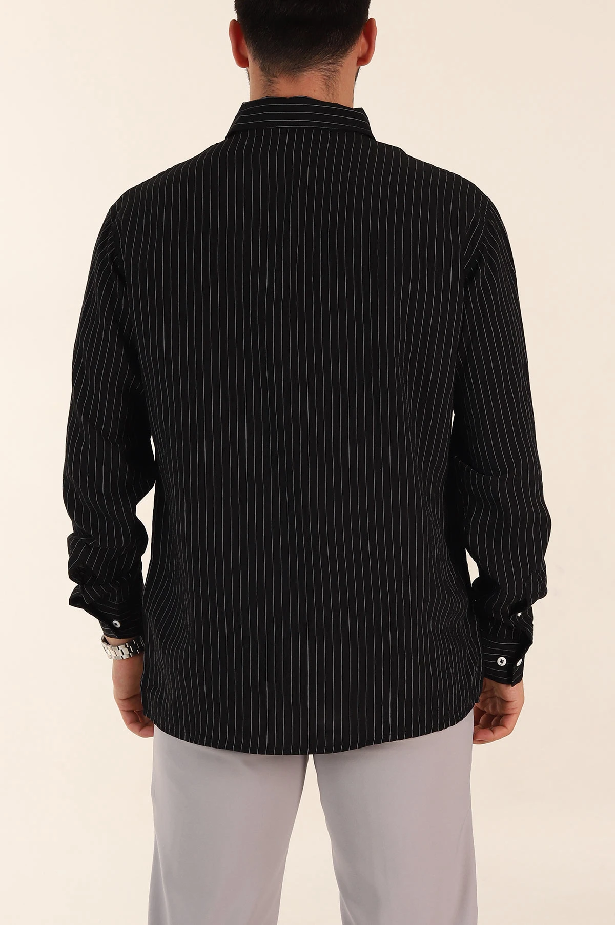 Siyah Regular Fit İnce Çizgili Uzun Kollu Erkek Gömlek 369338