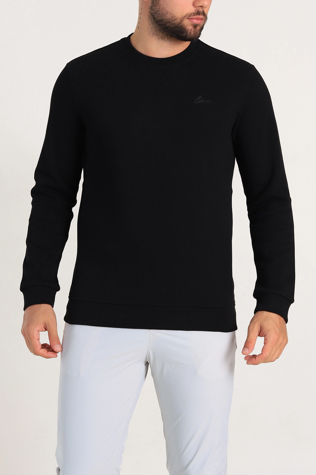 Siyah Regular Fit İnterlok Kumaş Pike Doku Basic Erkek Sweatshirt 305425