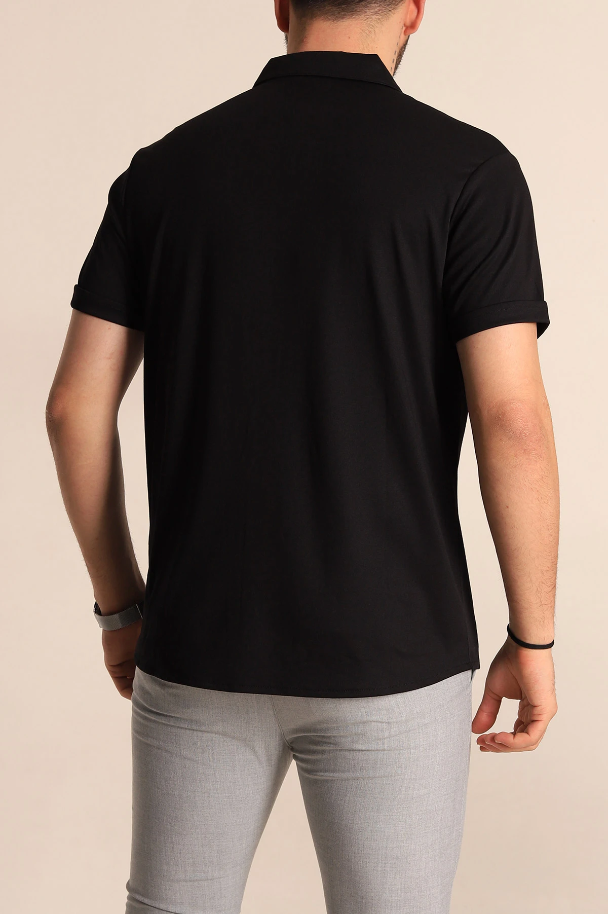 Siyah Regular Fit Jakarlı Çıt Çıt Düğmeli Kısa Kollu Erkek Gömlek 263720
