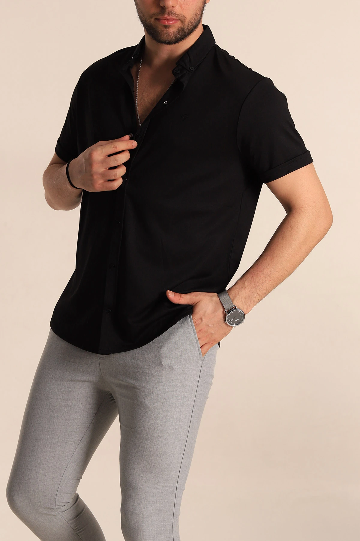 Siyah Regular Fit Jakarlı Çıt Çıt Düğmeli Kısa Kollu Erkek Gömlek 263720