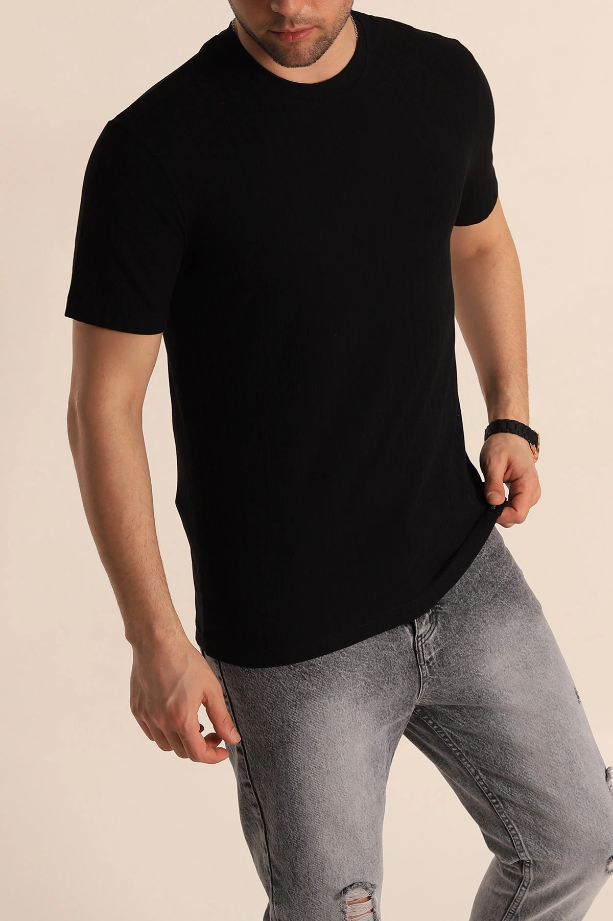 Siyah Regular Fit Jakarlı Çizgi Dokulu Erkek Tişört 260477
