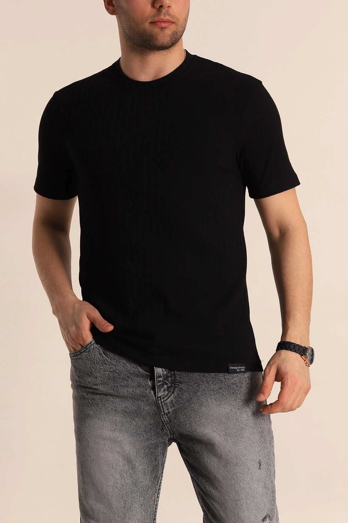 Siyah Regular Fit Jakarlı Çizgi Dokulu Erkek Tişört 260477